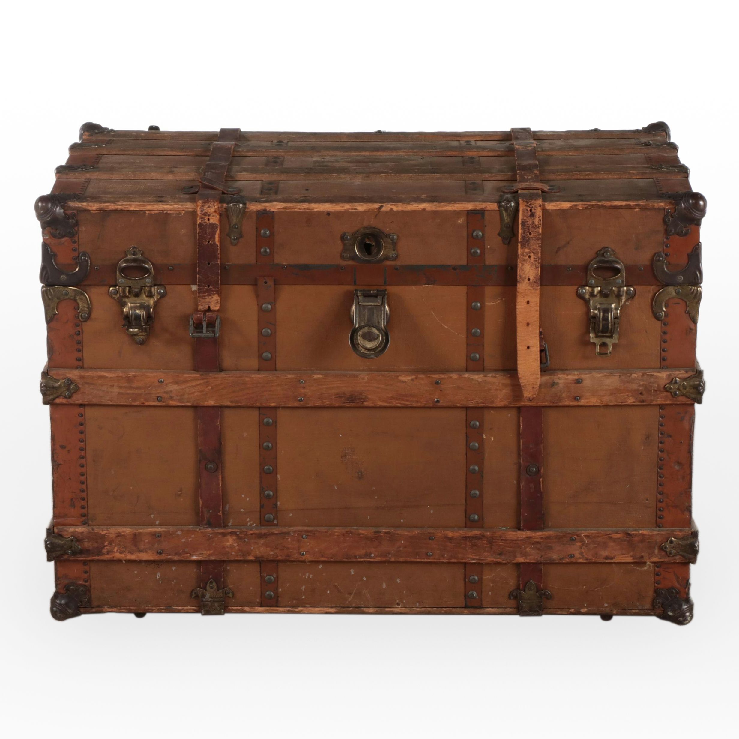 Late Victorian Canvas-Lined, Metal-Bound, & Slatted Ash Flat-Top Steamer Trunk