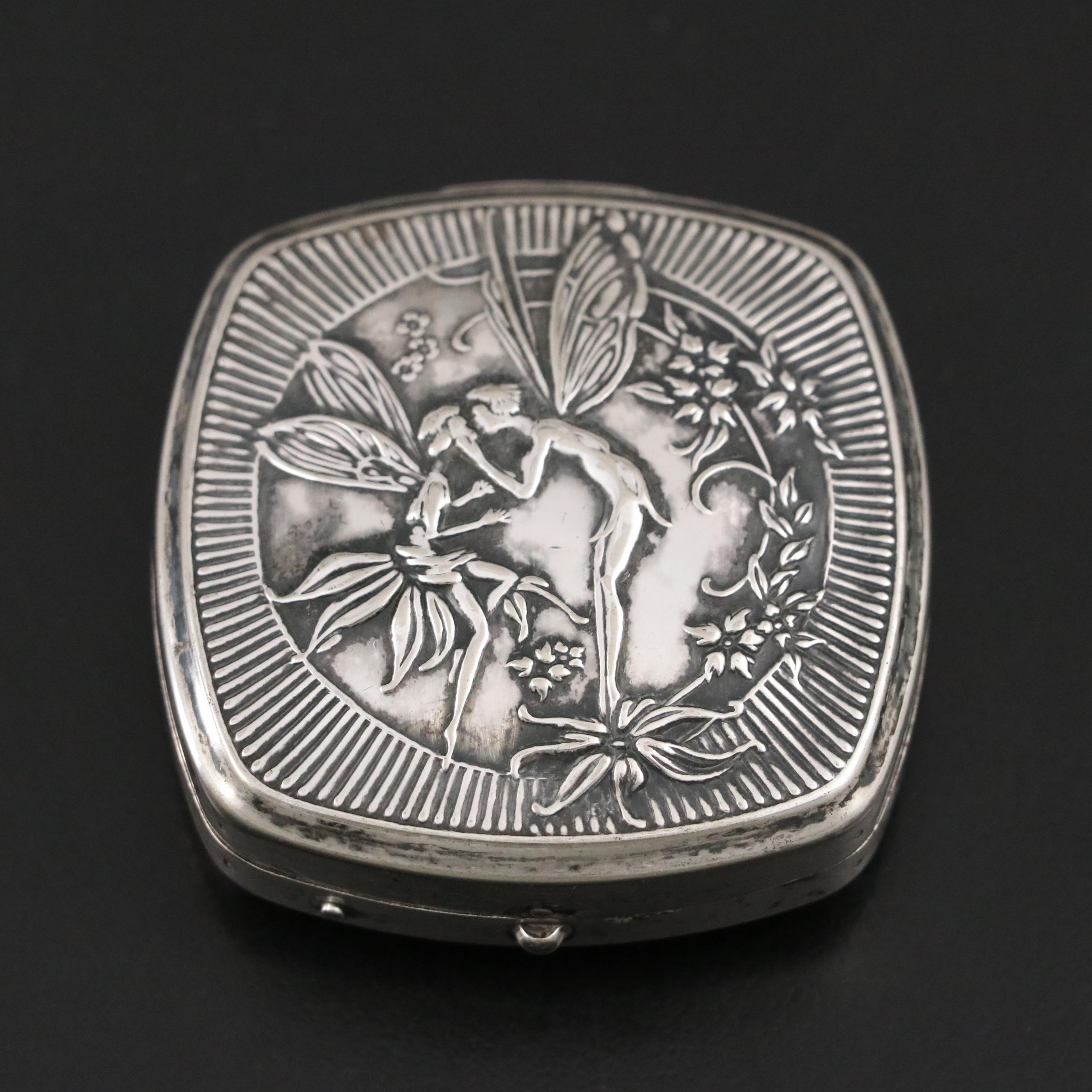 Kerkoff "Djer Kiss" Repoussé Silver Plate Powder Compact, circa 1925