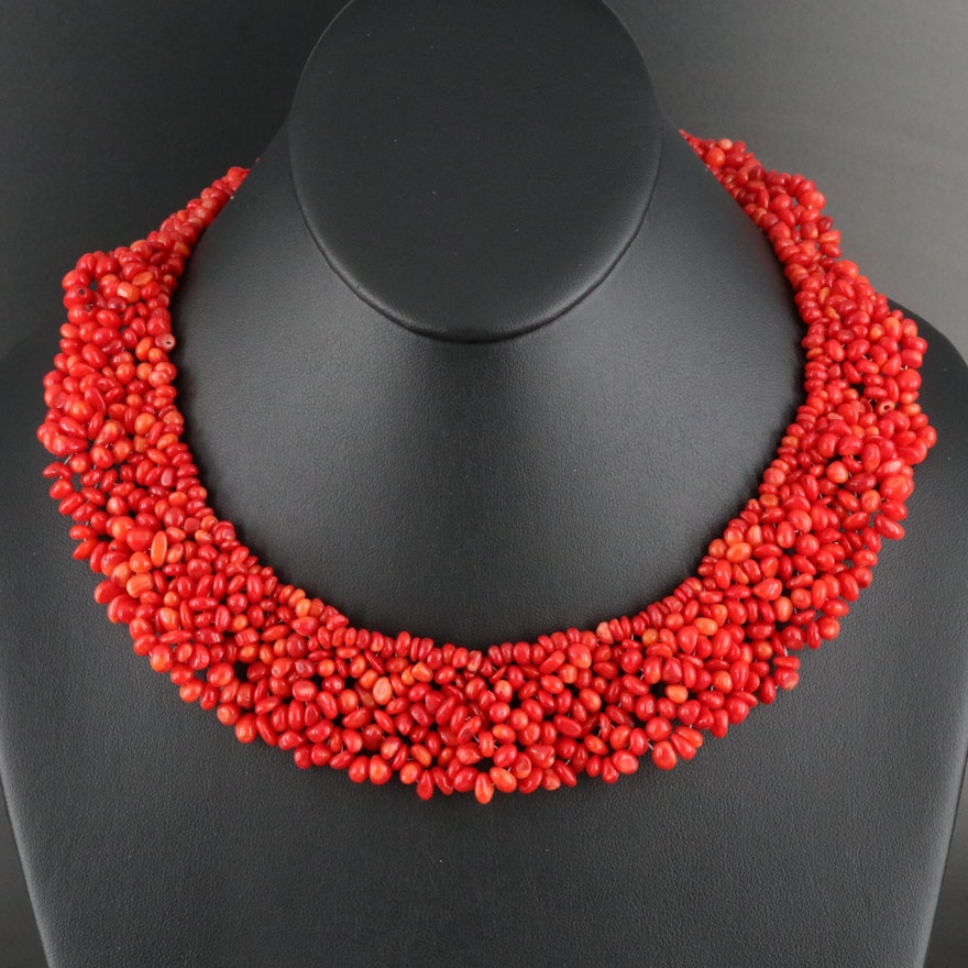 Coral Bead Bib Necklace Sterling Sterling
