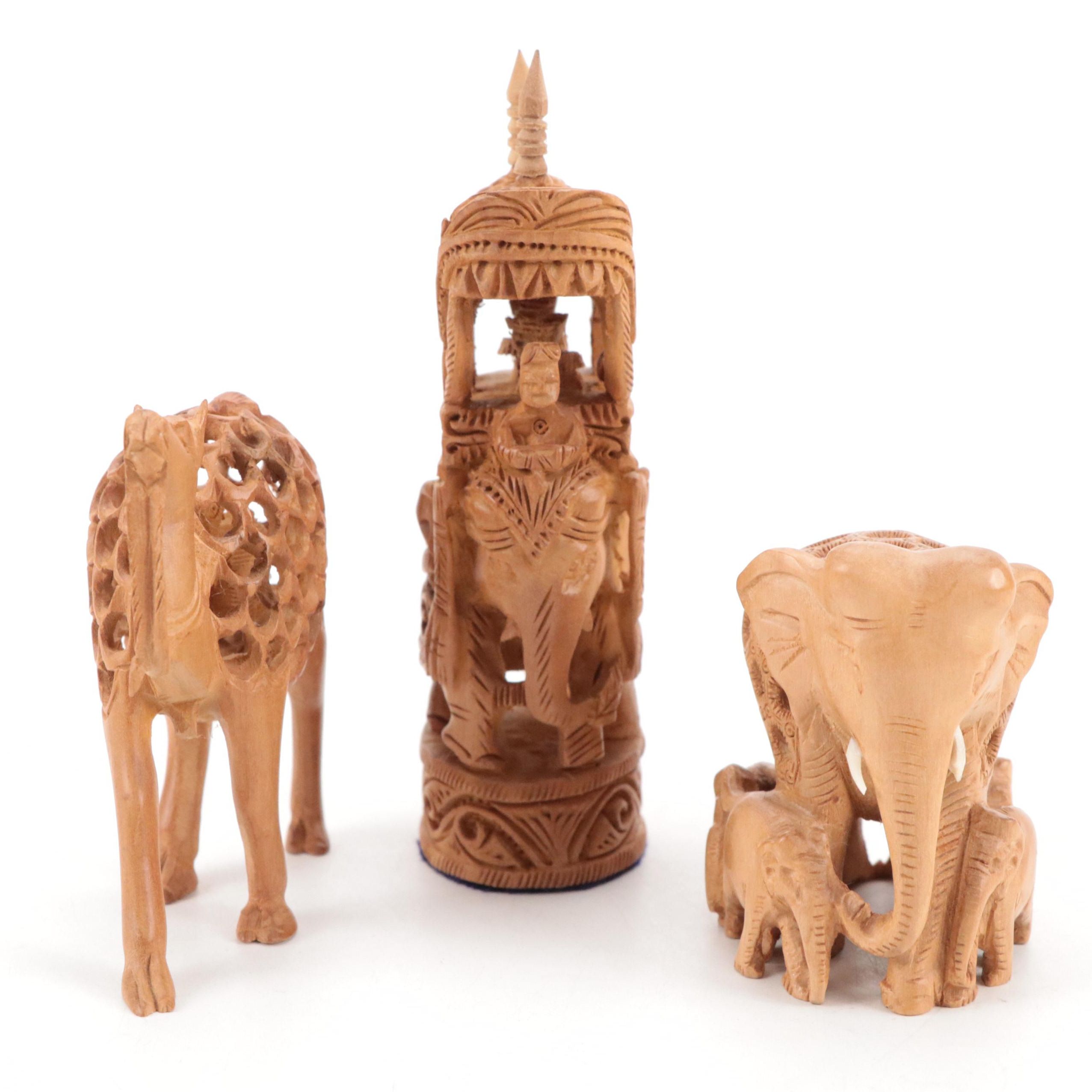 Indian Hand-Carved Wooden Elephants, Camel and Ceremonial Elephant & Rider