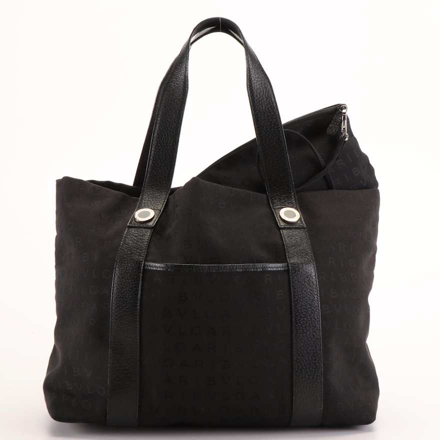 BVLGARI Logomania Shoulder Bag in Black Canvas and Leather