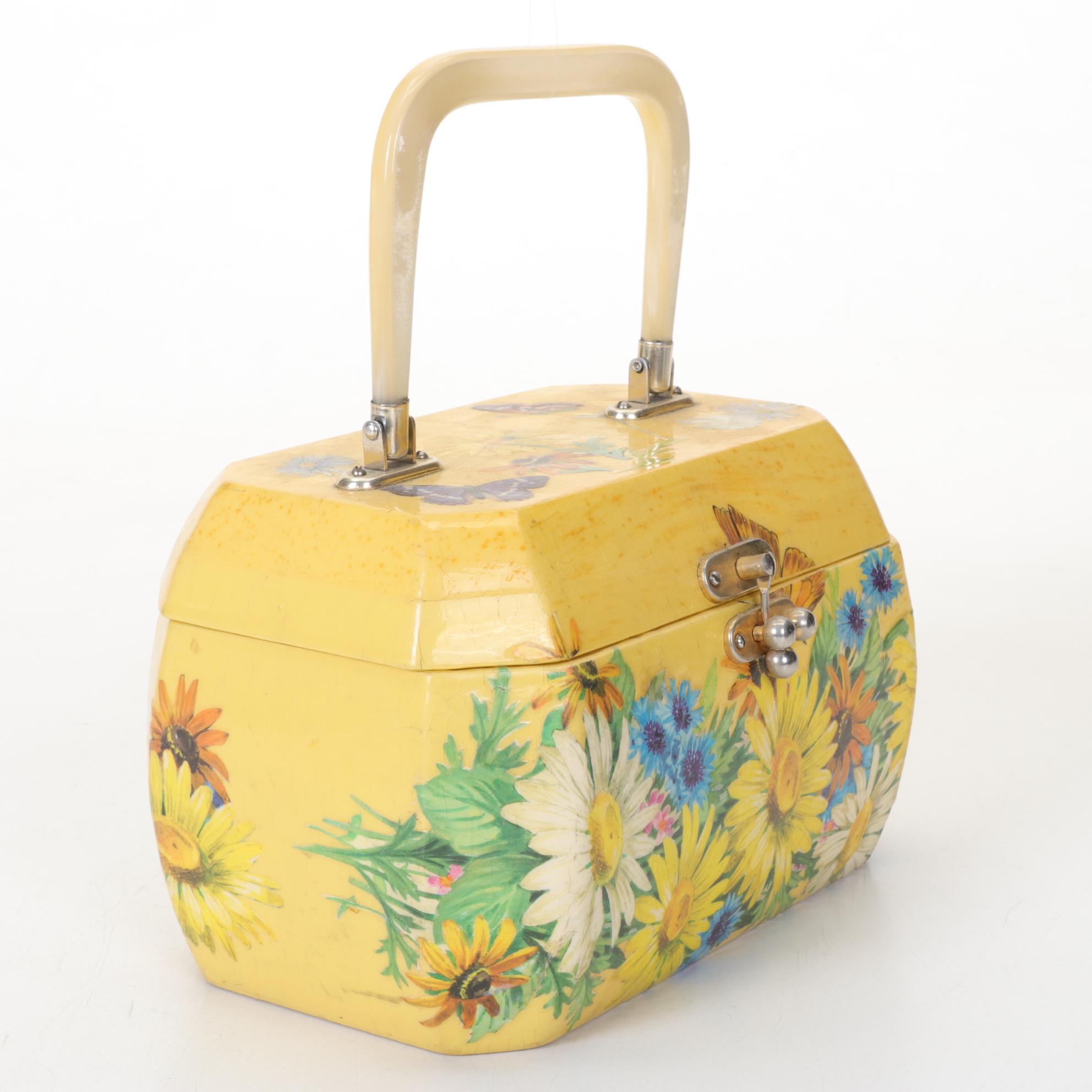 Yellow Decoupaged Box Purse with Acrylic Handle, Mid to Late 20th Century