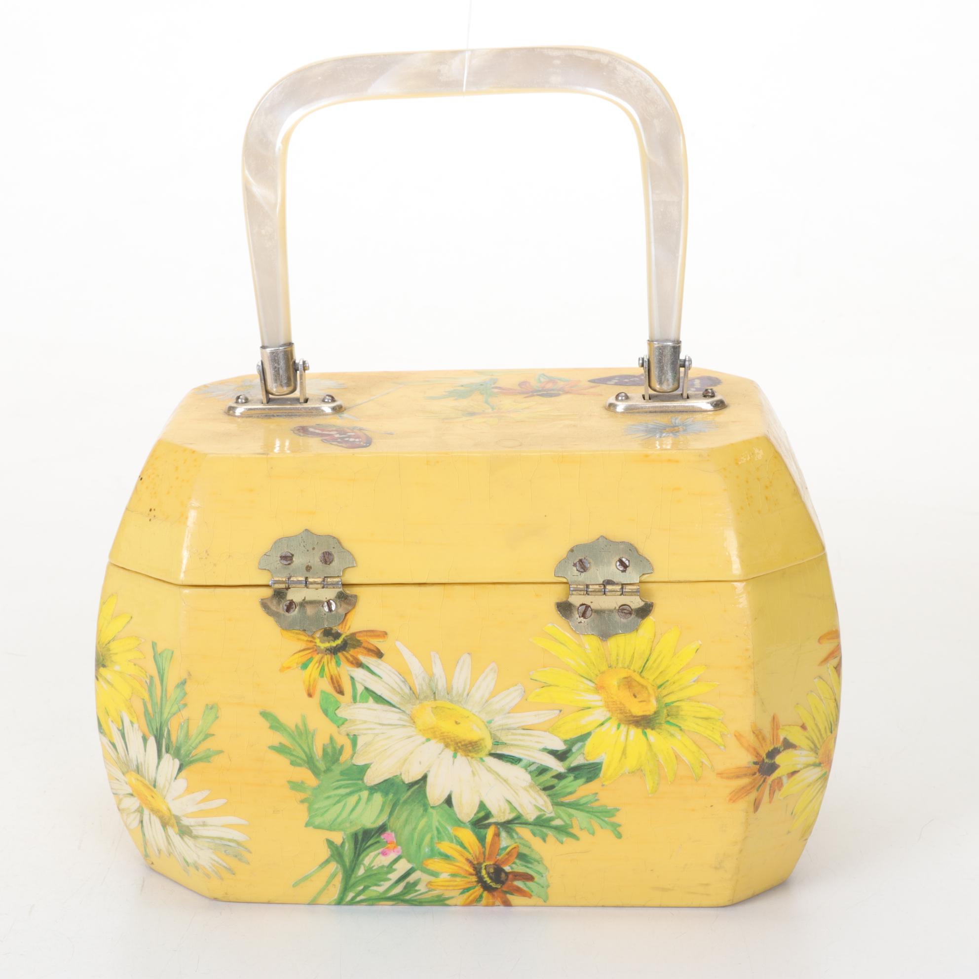 Yellow Decoupaged Box Purse with Acrylic Handle, Mid to Late 20th Century