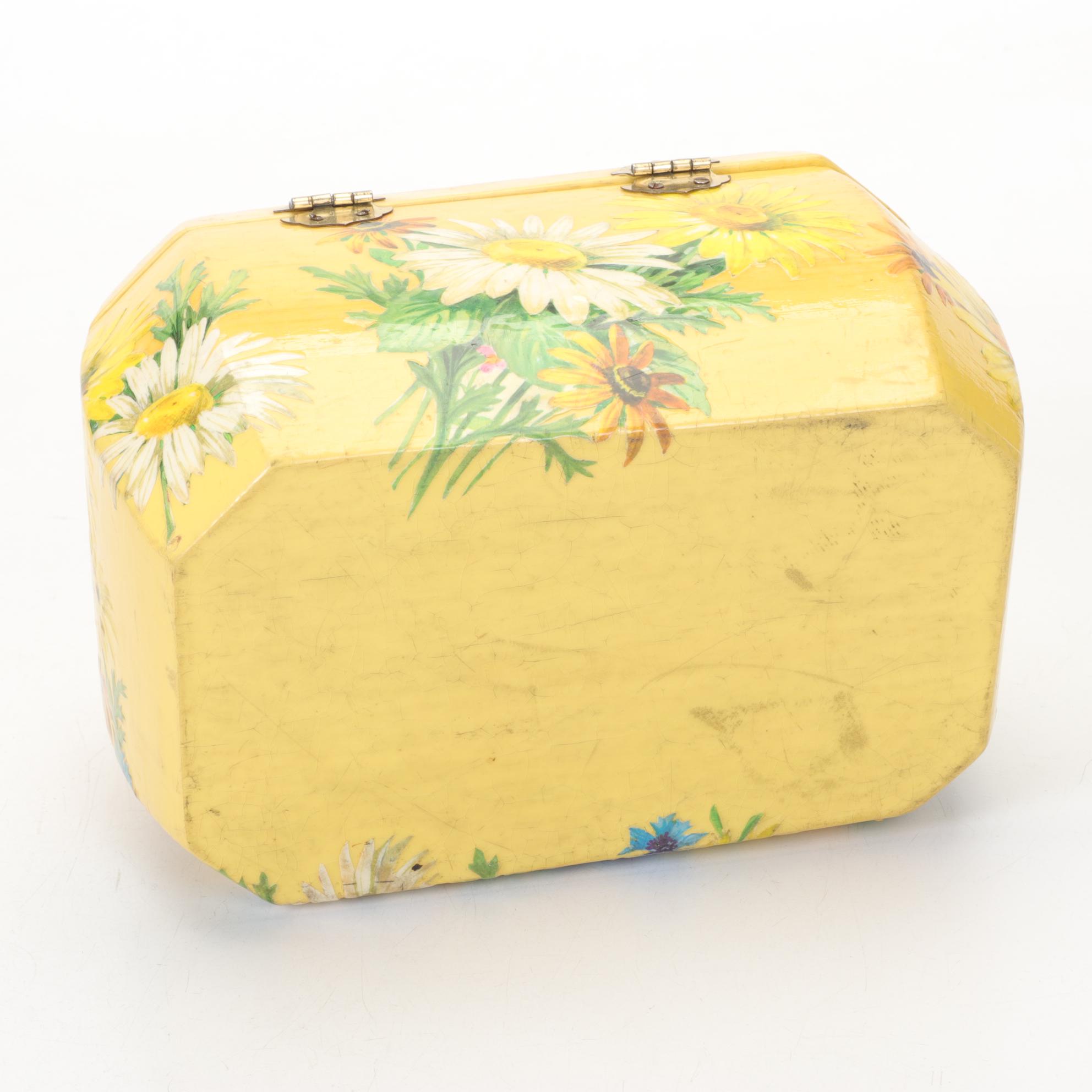 Yellow Decoupaged Box Purse with Acrylic Handle, Mid to Late 20th Century