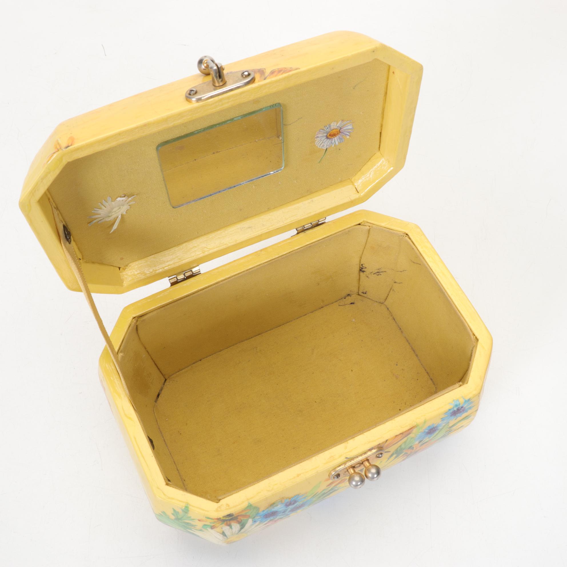 Yellow Decoupaged Box Purse with Acrylic Handle, Mid to Late 20th Century