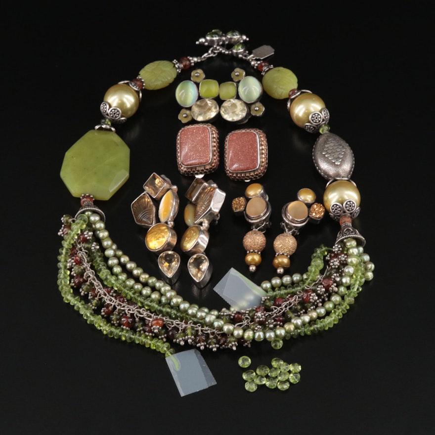 Amy Kahn Russell Sterling Necklace and Earrings Including Pearl and Peridot