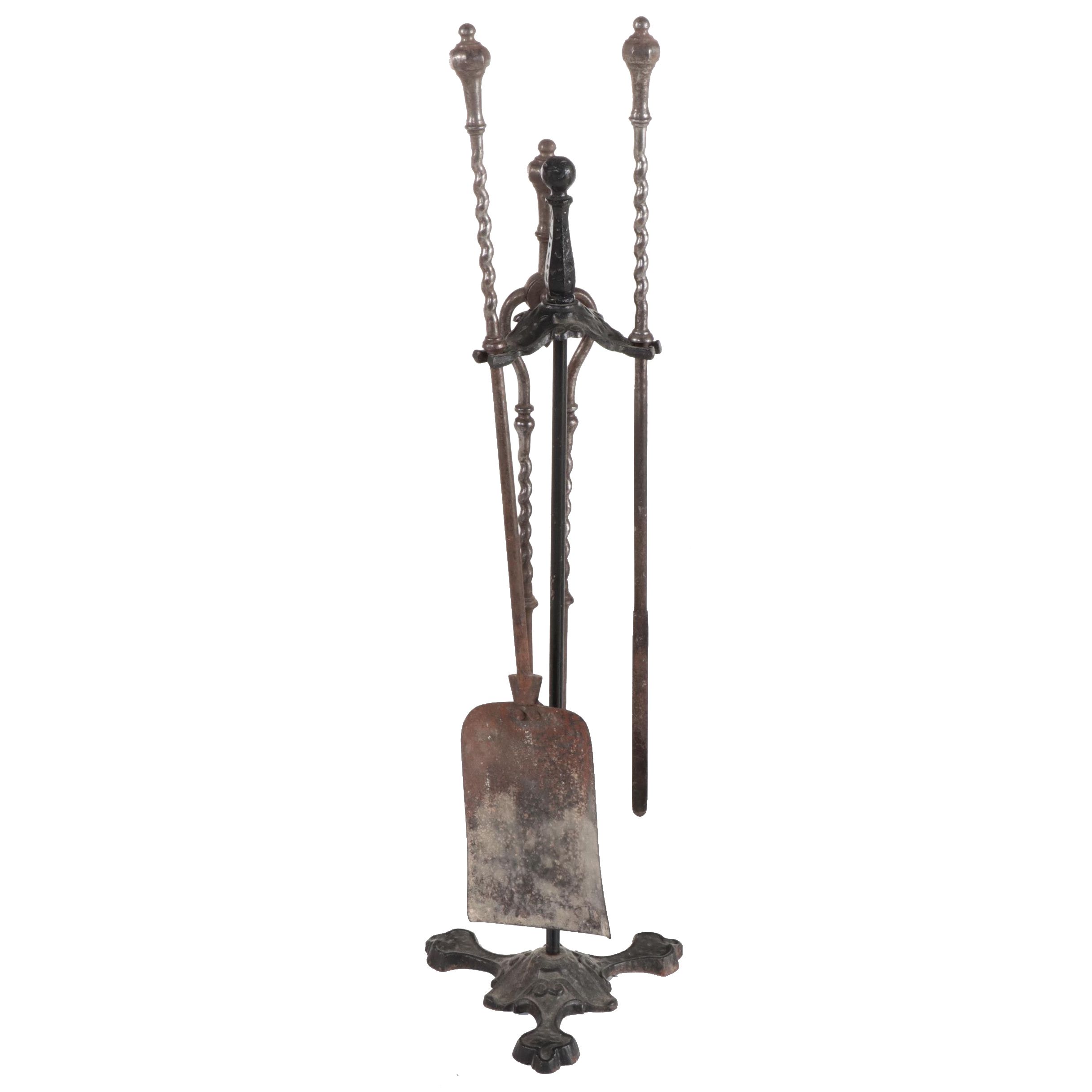 Three-Piece Cast Iron Fireplace Tool Set on Stand, Early 20th Century