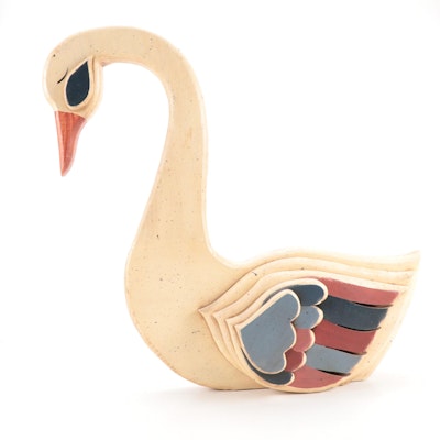 Folk Art Handmade and Painted Wooden Swan Figure, 1991