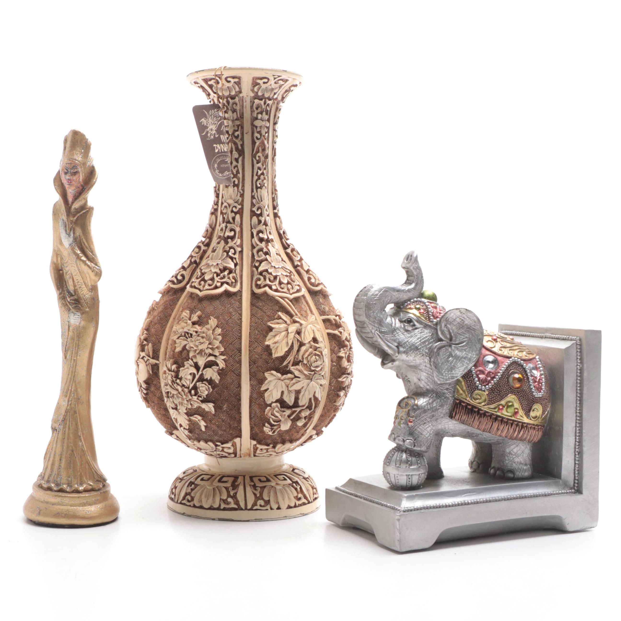 Ivory Dynasty Carved Resin Vase and Other Decor