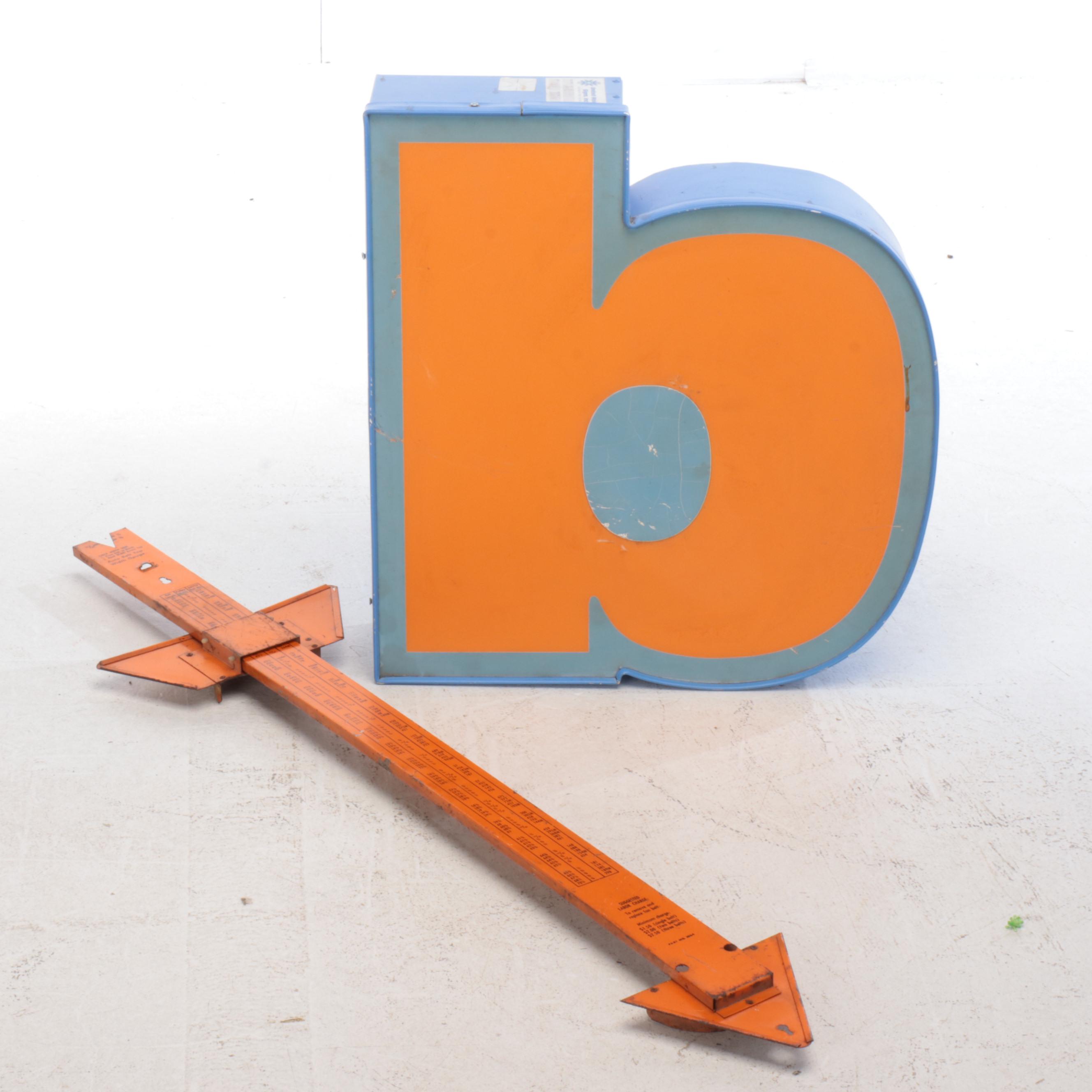 Blue and Orange Box Metal Letter B Sign with Auto Belt Width Gauge Tool