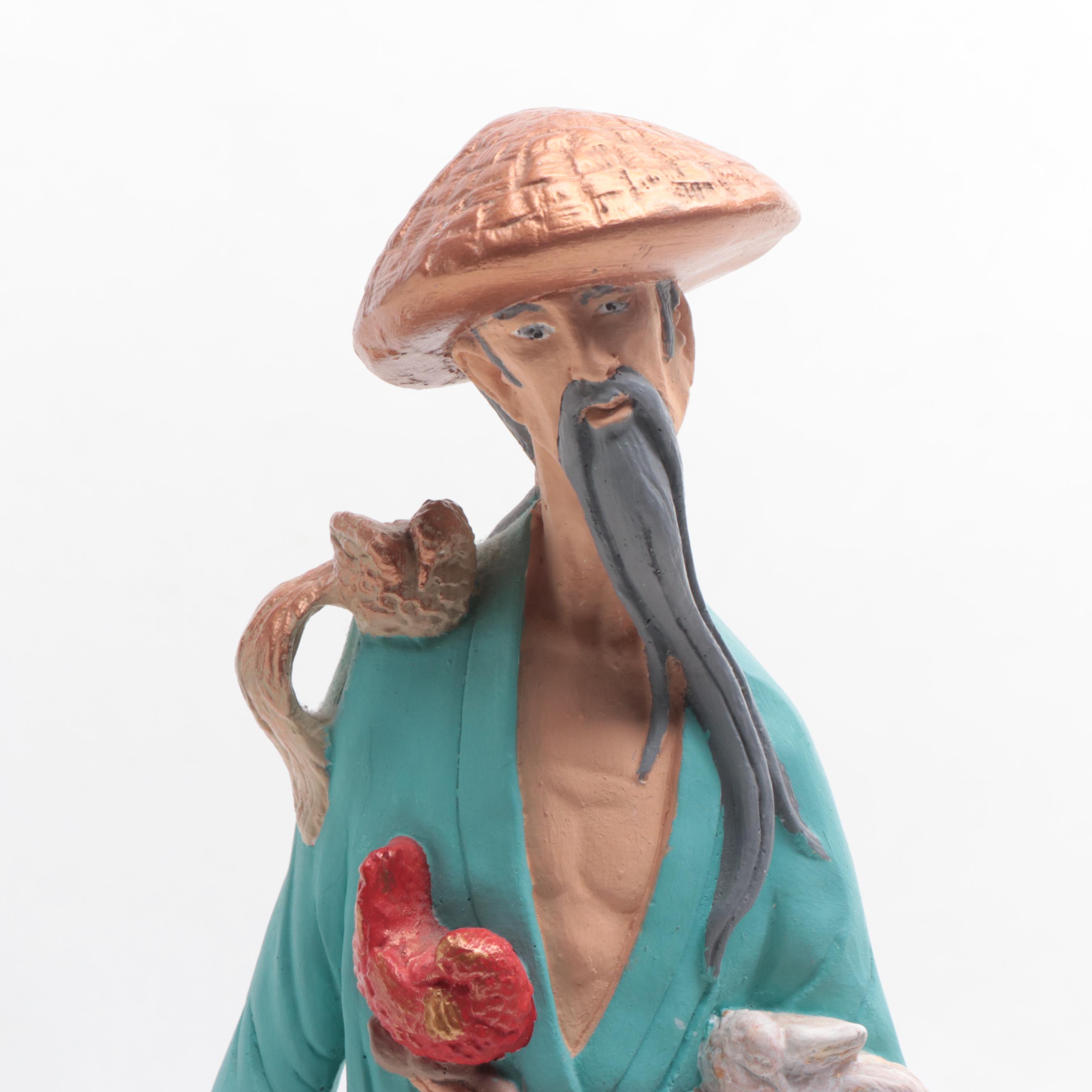 Chinese Painted Plaster Guan Yin with Other Figurine and Accessories