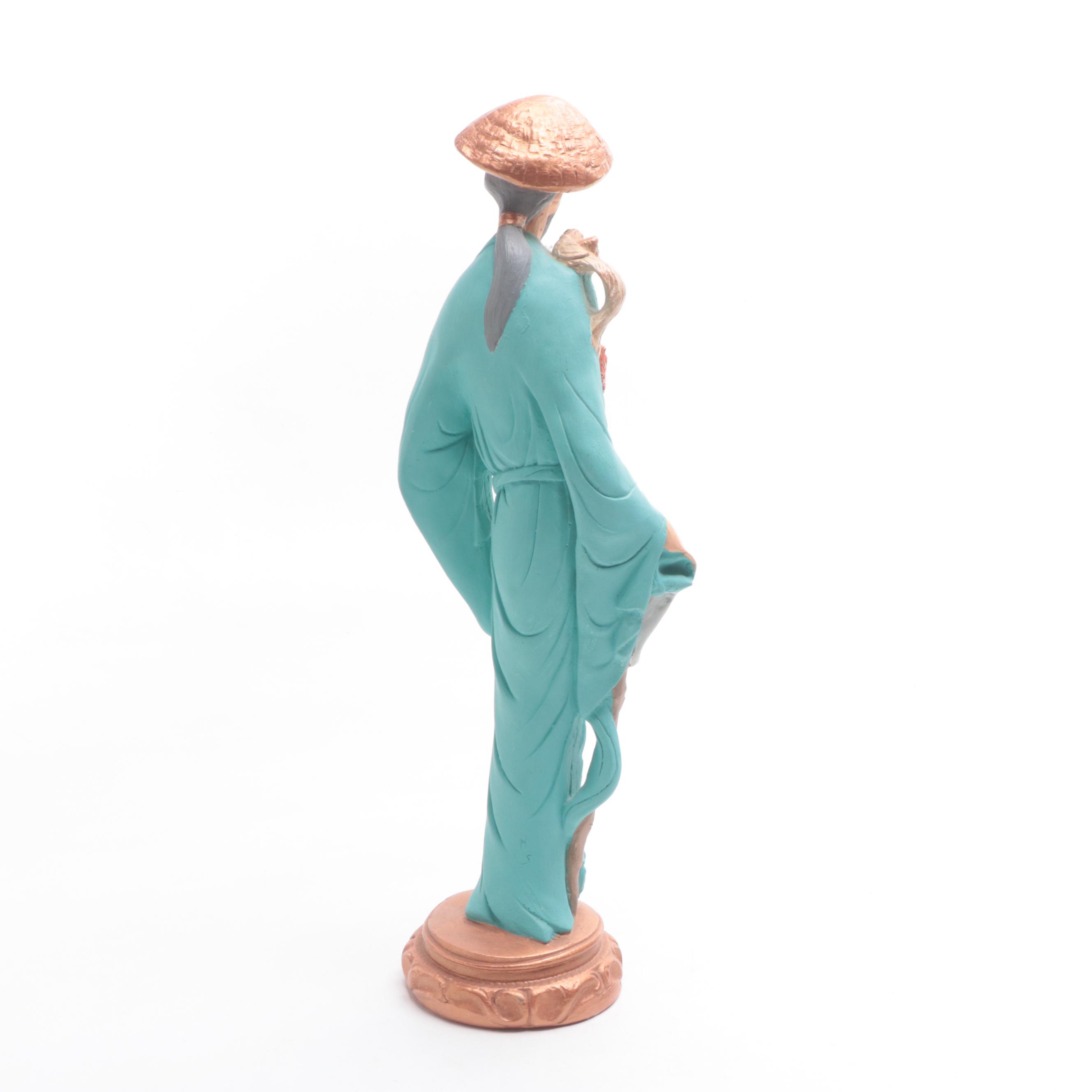 Chinese Painted Plaster Guan Yin with Other Figurine and Accessories