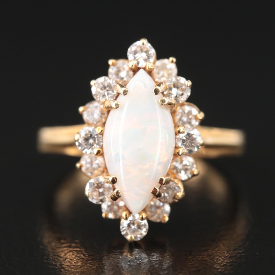 Vintage 18K Opal and Diamond Navette Ring