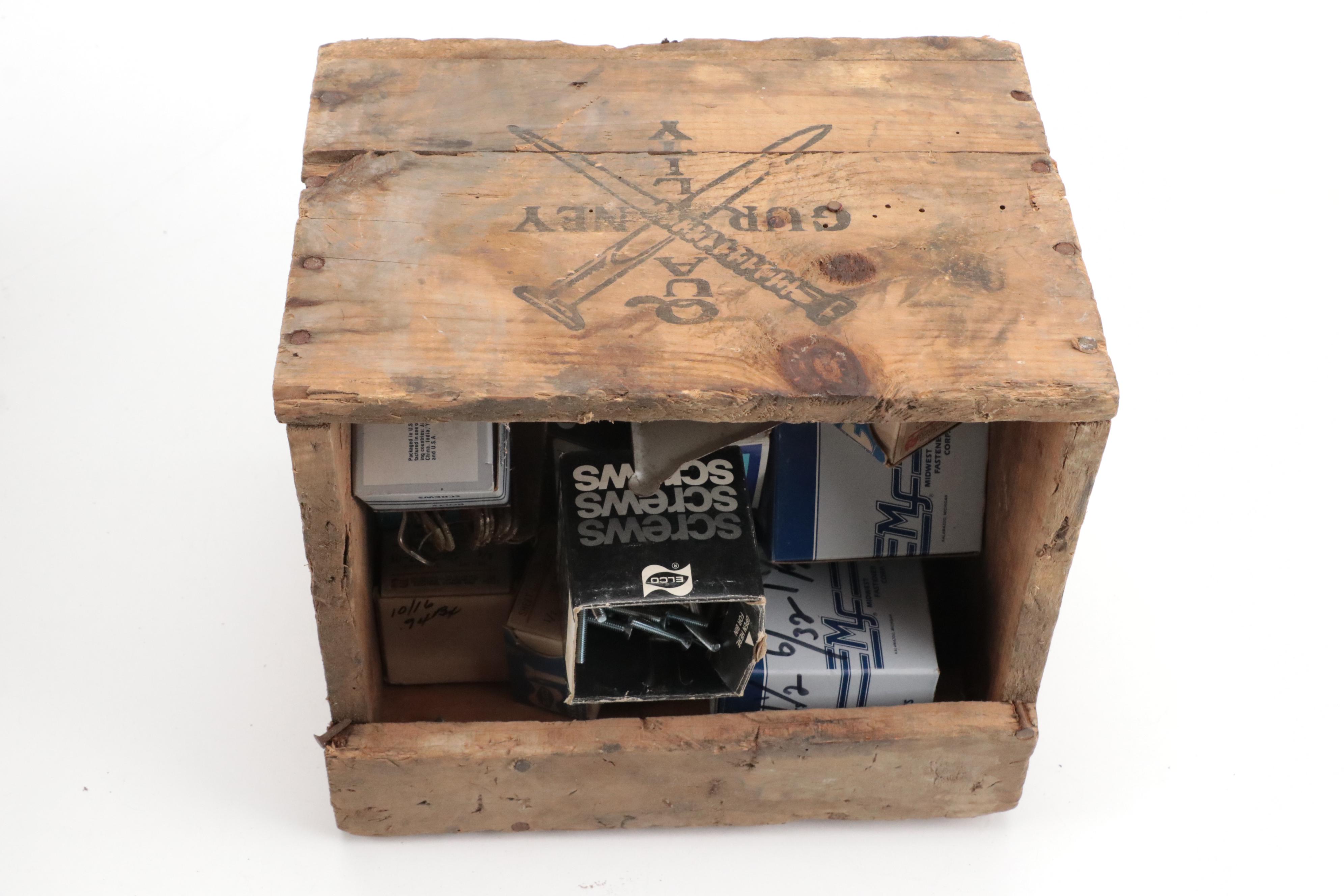 Wooden Tool Box, Screw Drivers, American Flag Décor and Assorted Hardware