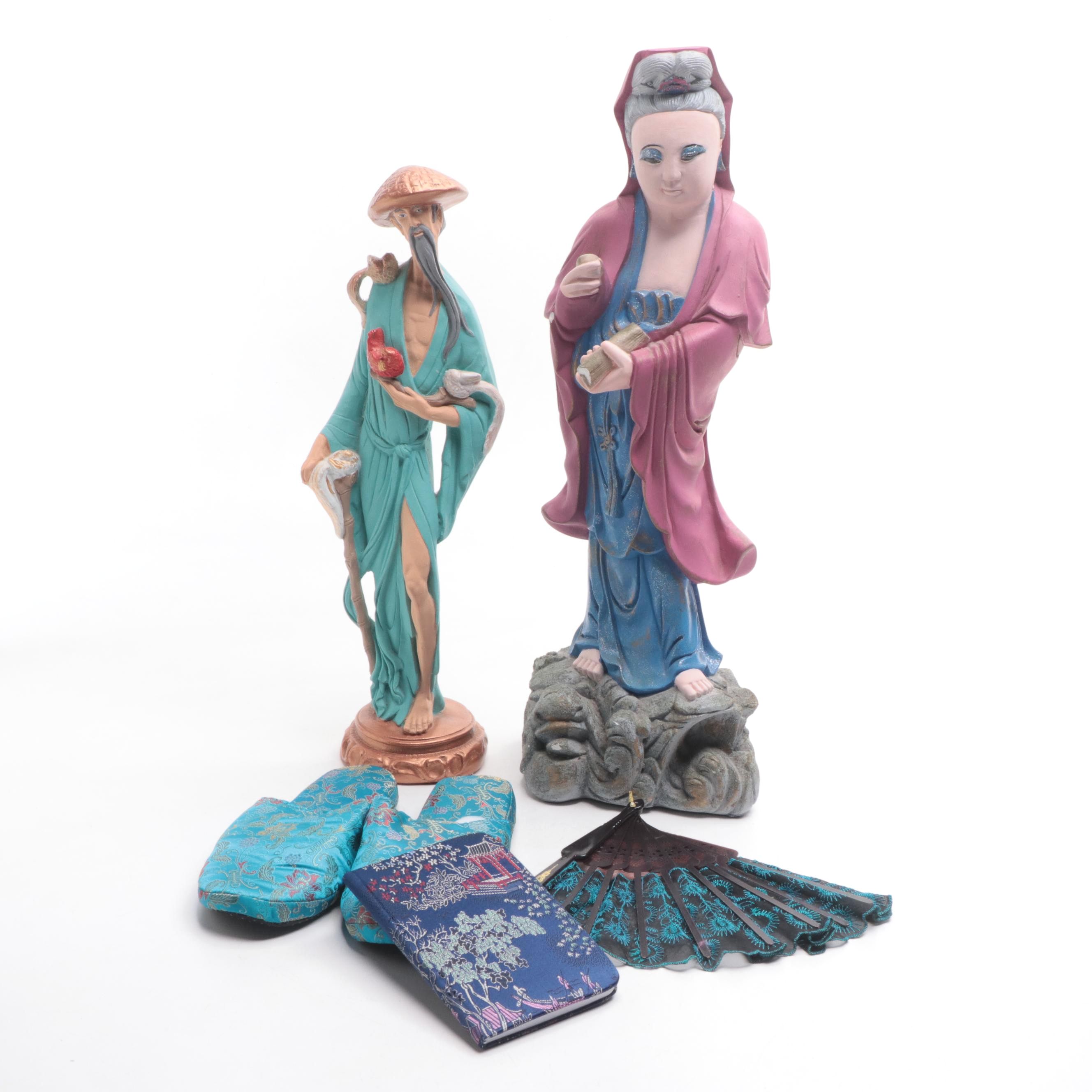 Chinese Painted Plaster Guan Yin with Other Figurine and Accessories