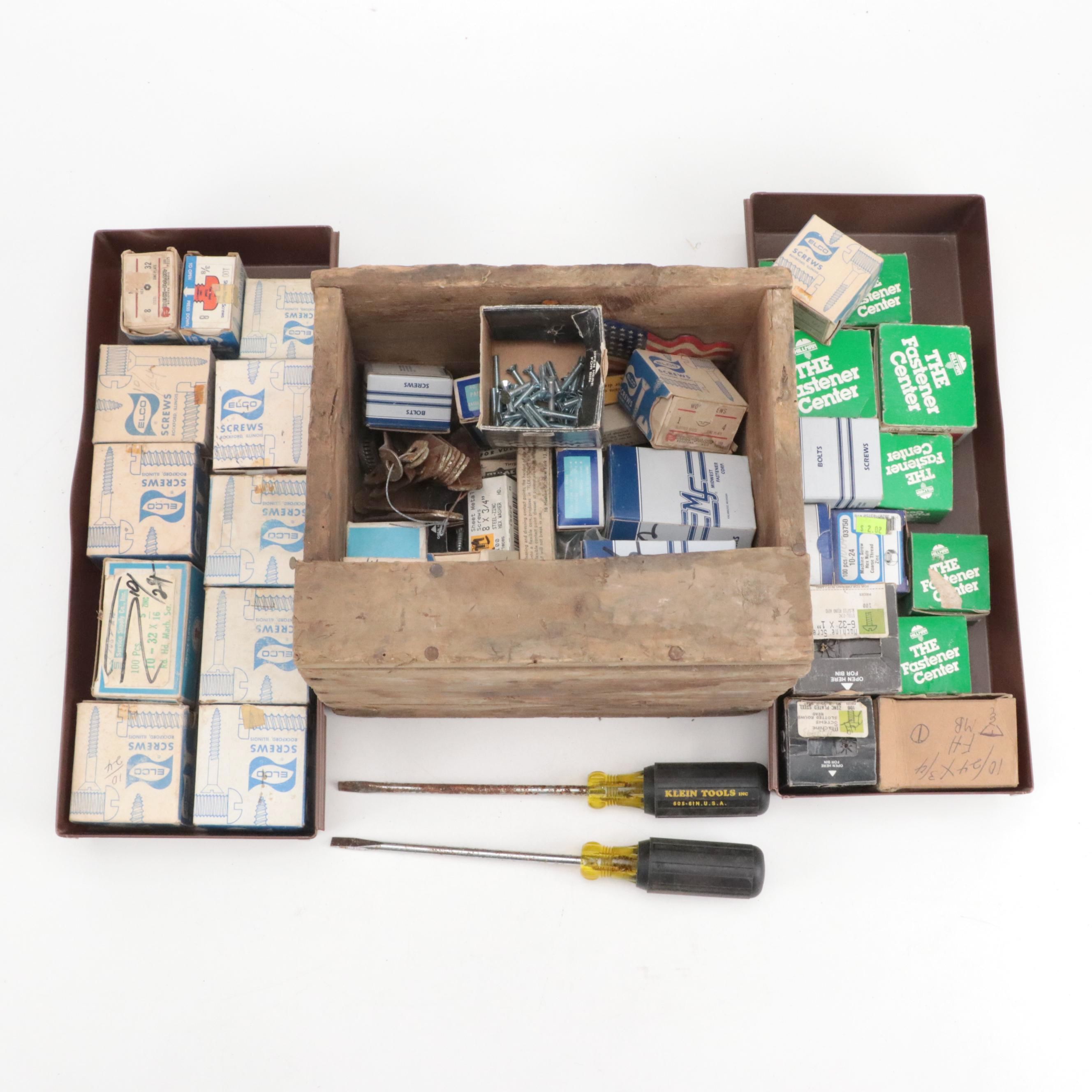 Wooden Tool Box, Screw Drivers, American Flag Décor and Assorted Hardware