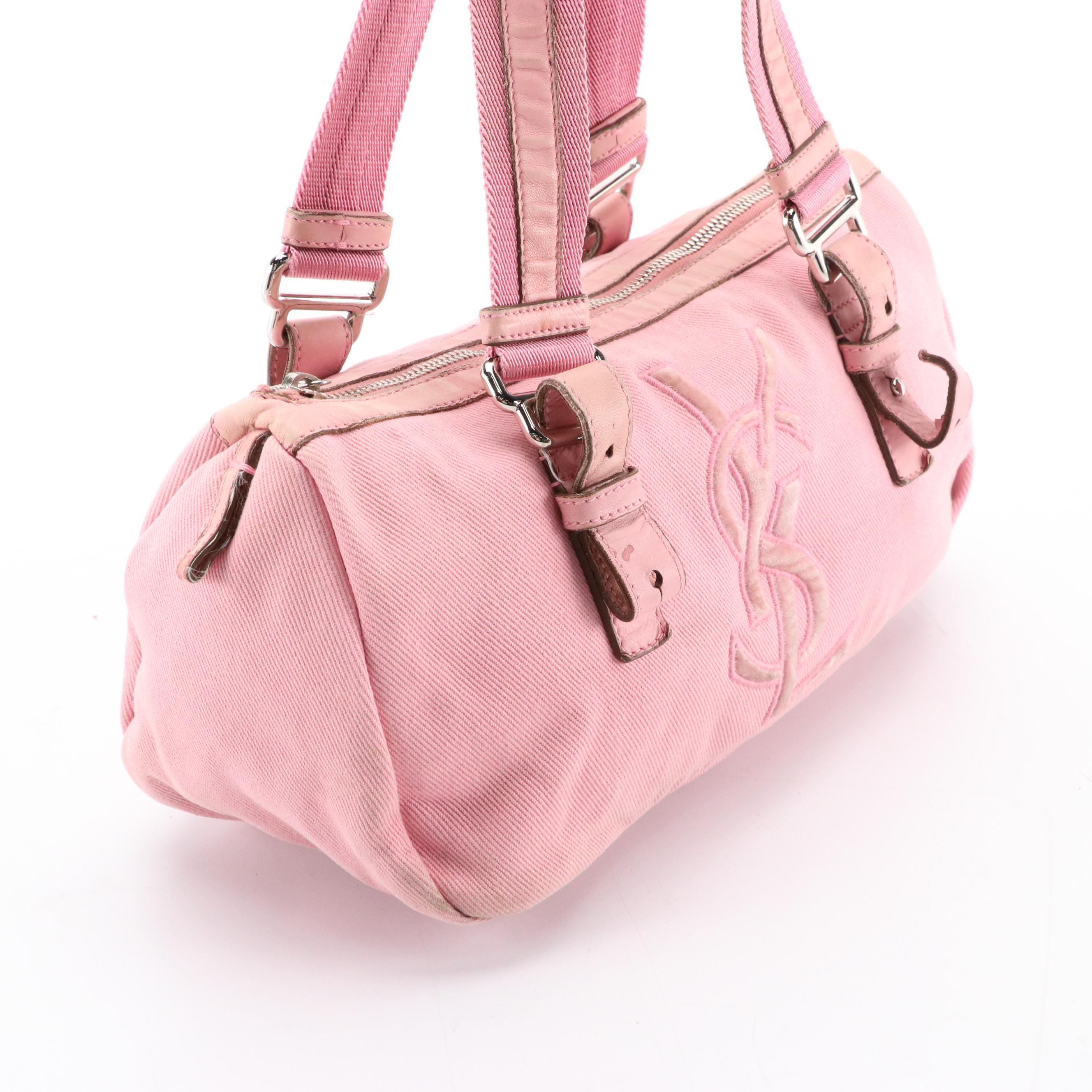 YSL Logo Pink Twill and Leather Kahala Boston Bag