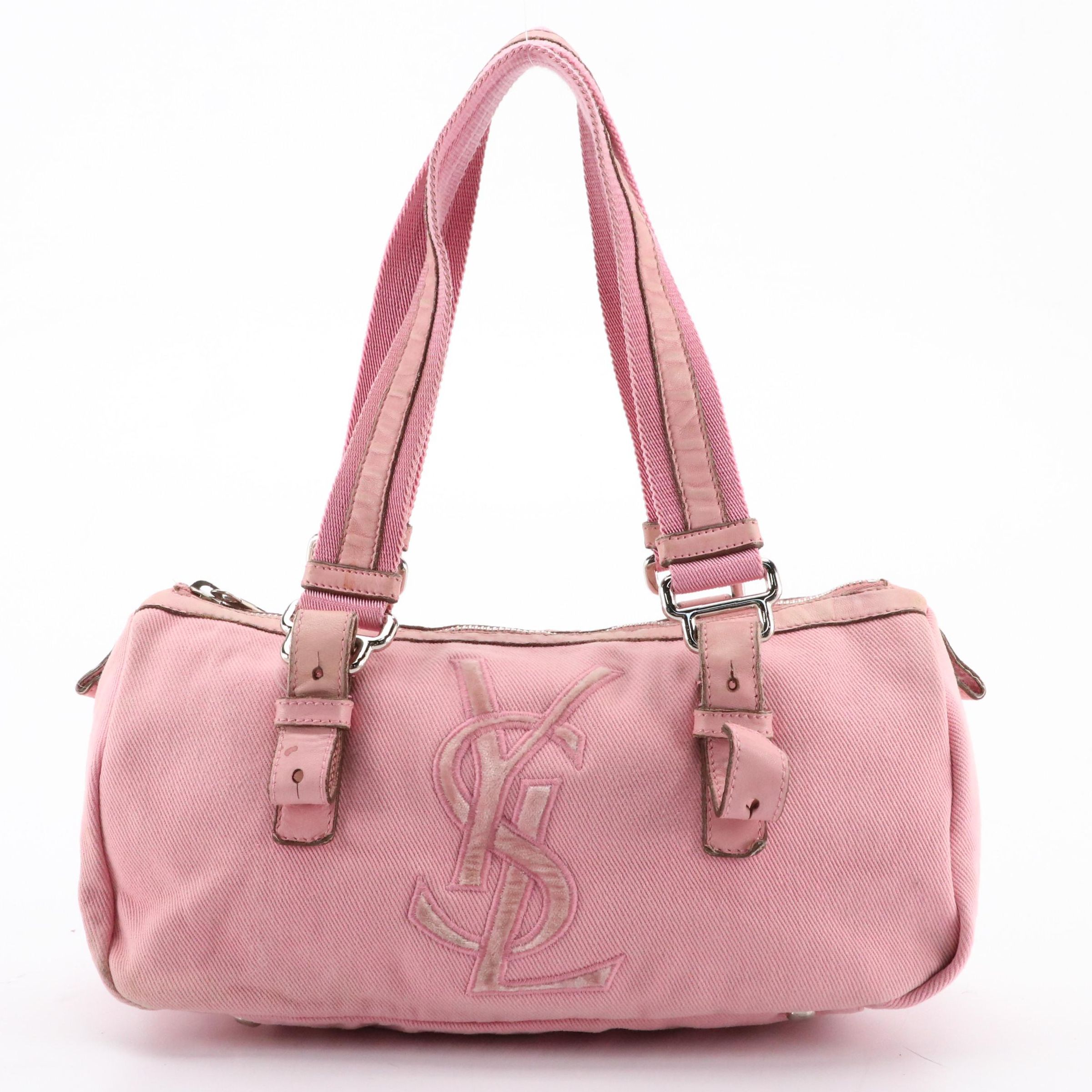 YSL Logo Pink Twill and Leather Kahala Boston Bag