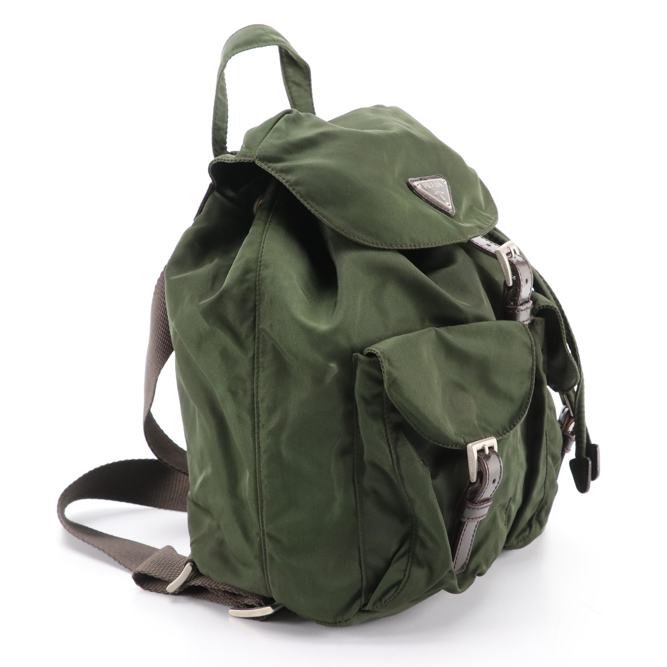 Prada Small Rucksack Backpack in Army Green Nylon and Brown Leather
