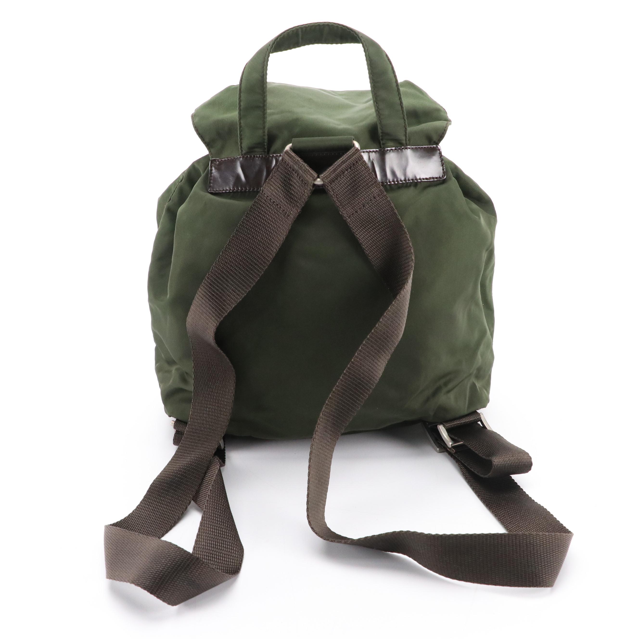 Prada Small Rucksack Backpack in Army Green Nylon and Brown Leather
