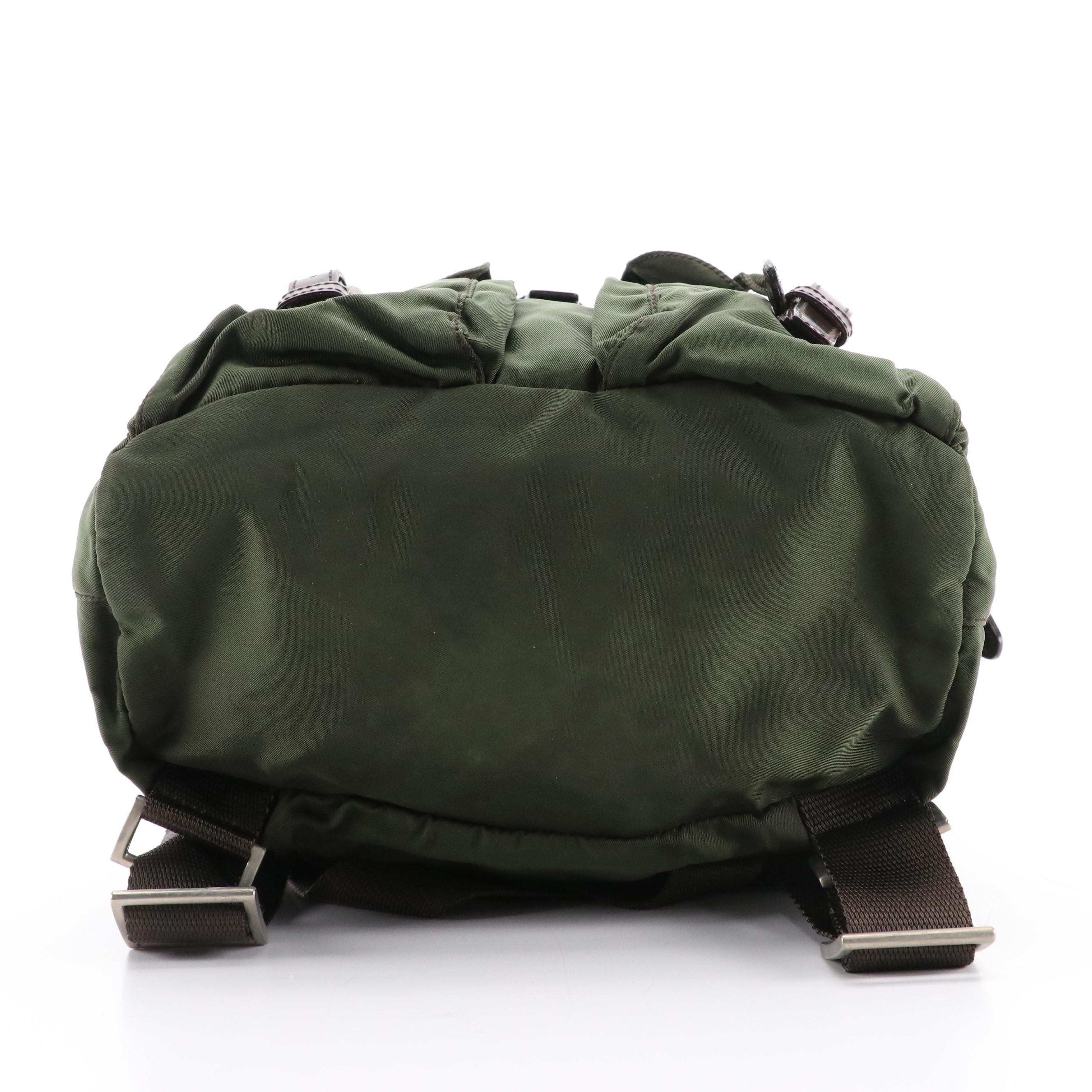 Prada Small Rucksack Backpack in Army Green Nylon and Brown Leather