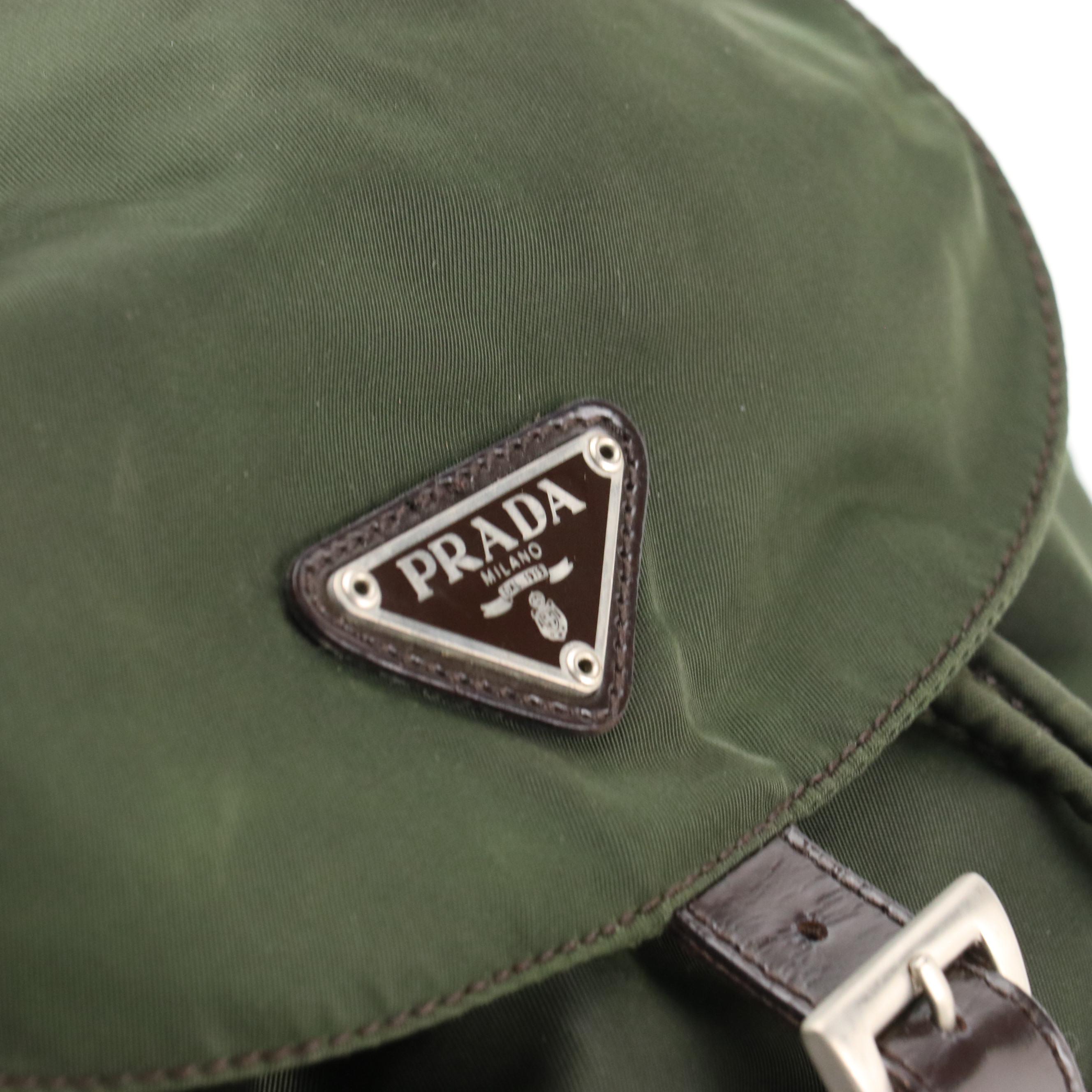 Prada Small Rucksack Backpack in Army Green Nylon and Brown Leather