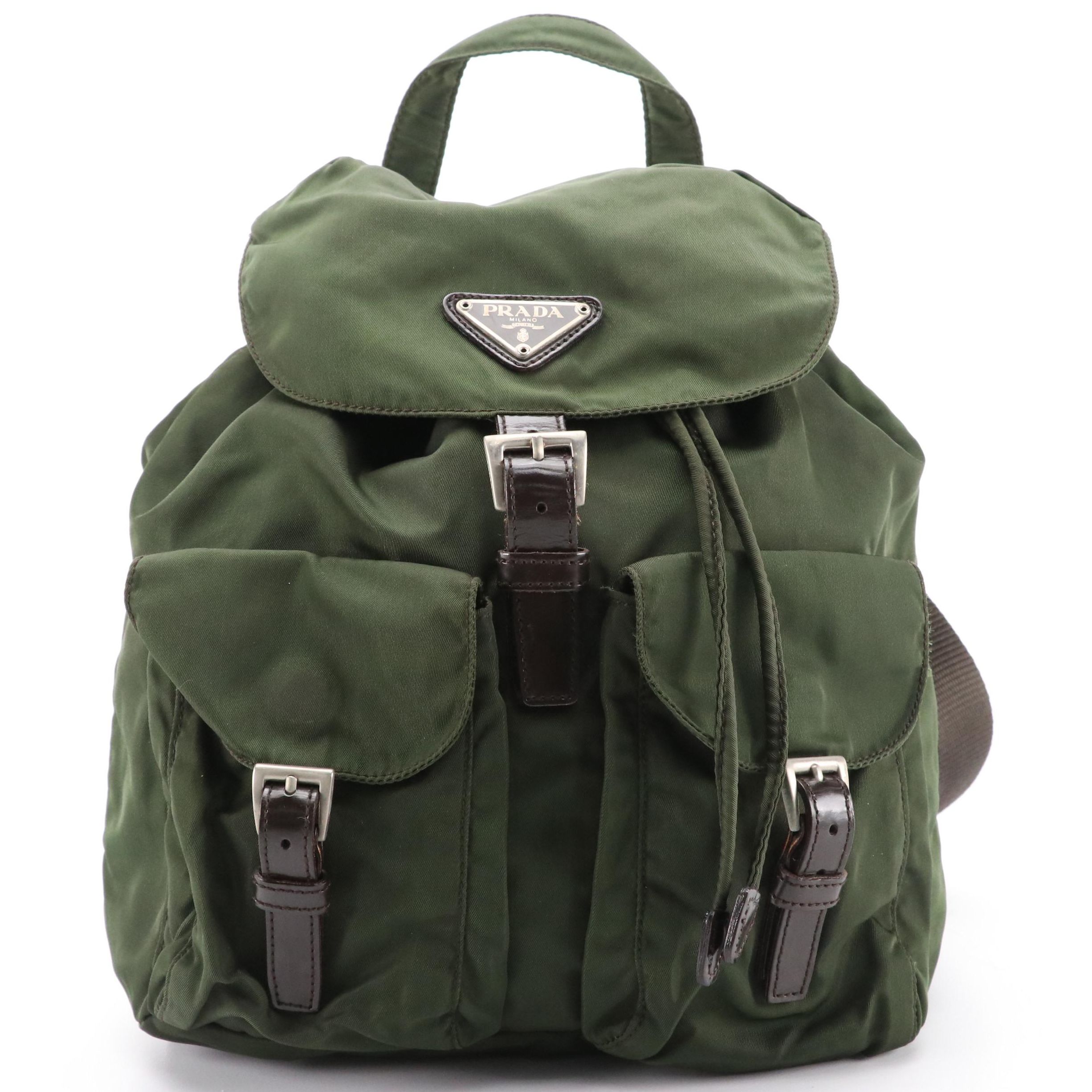 Prada Small Rucksack Backpack in Army Green Nylon and Brown Leather