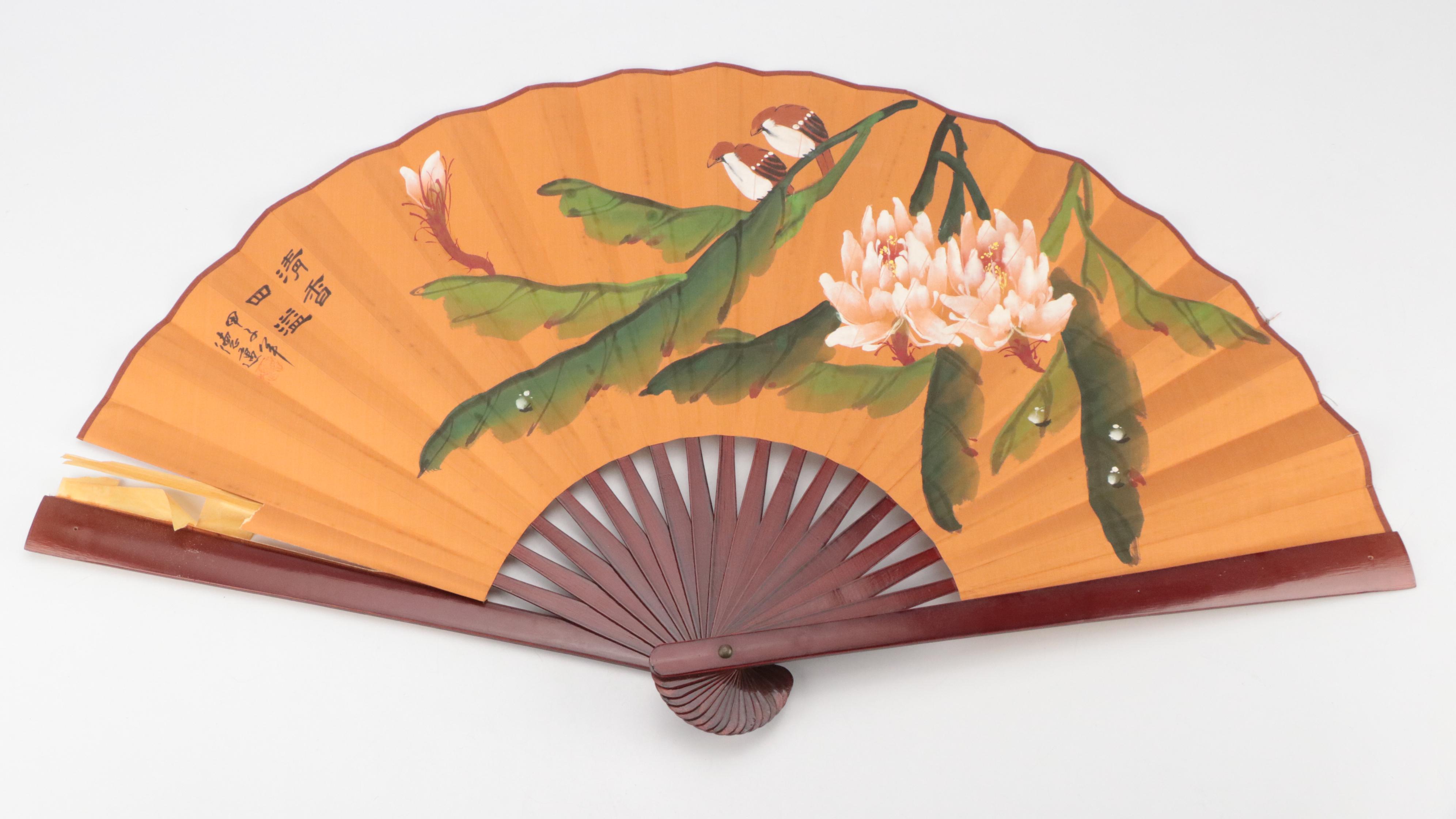 Hand-Painted Paper and Lacquered Bamboo Fans with Asian Rice Paper Parasol
