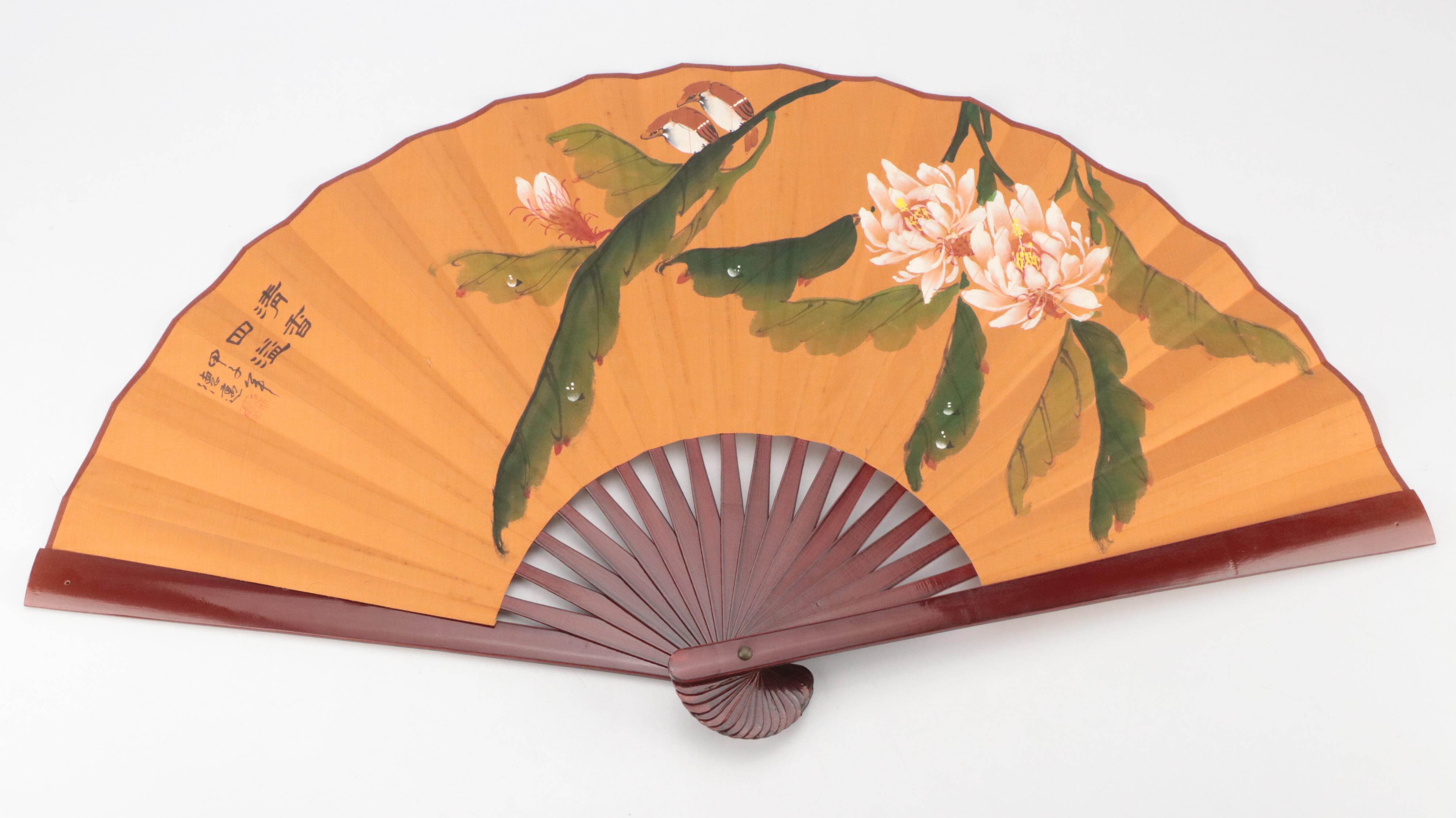 Hand-Painted Paper and Lacquered Bamboo Fans with Asian Rice Paper Parasol