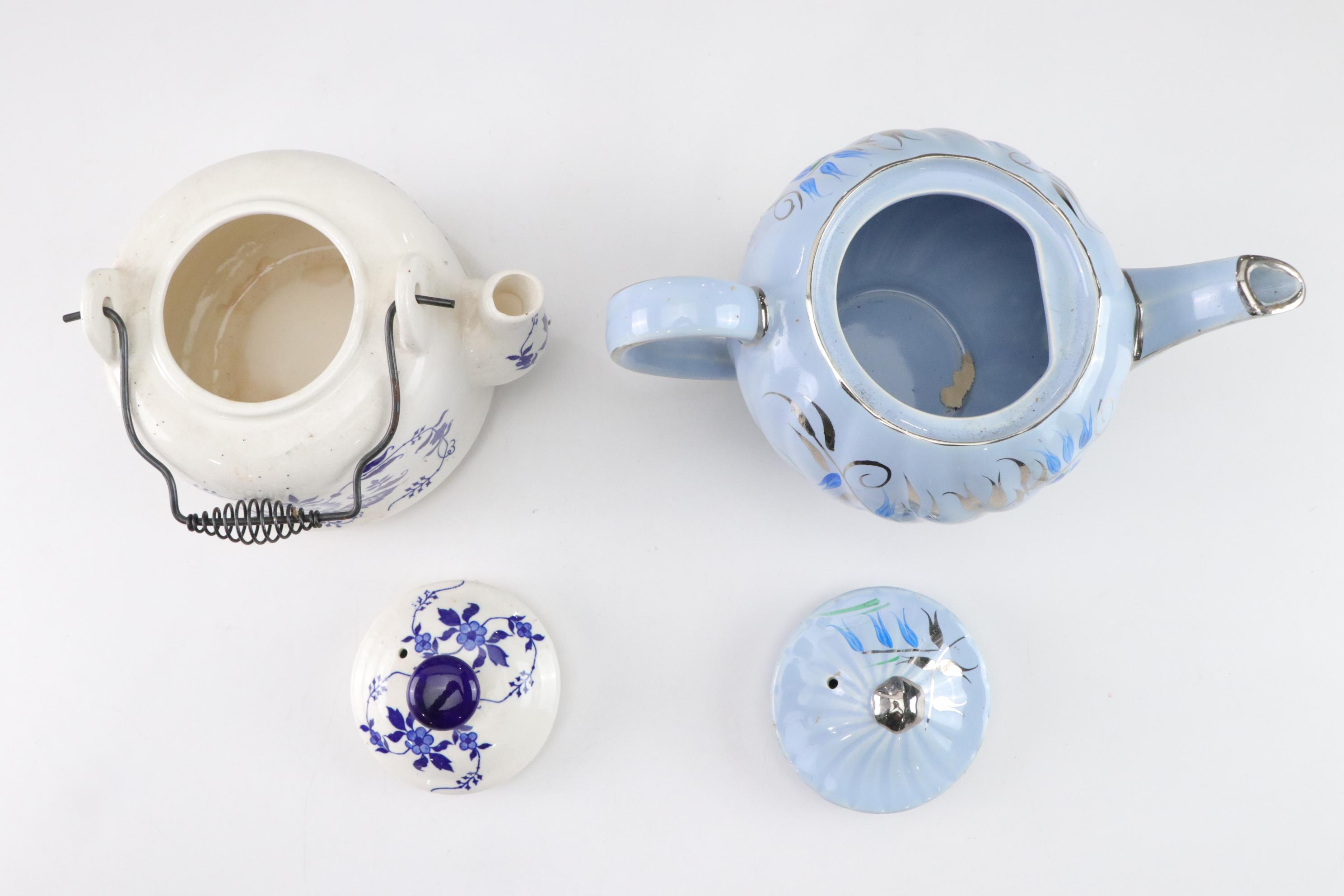 Sadler Light Blue Ceramic Teapot with Chrome Accents with Three Other Teapots