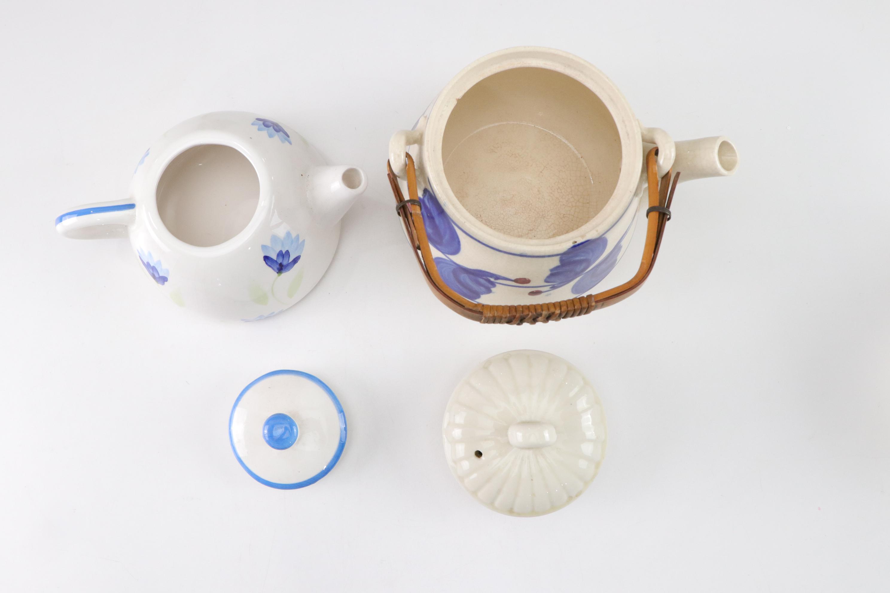 Sadler Light Blue Ceramic Teapot with Chrome Accents with Three Other Teapots