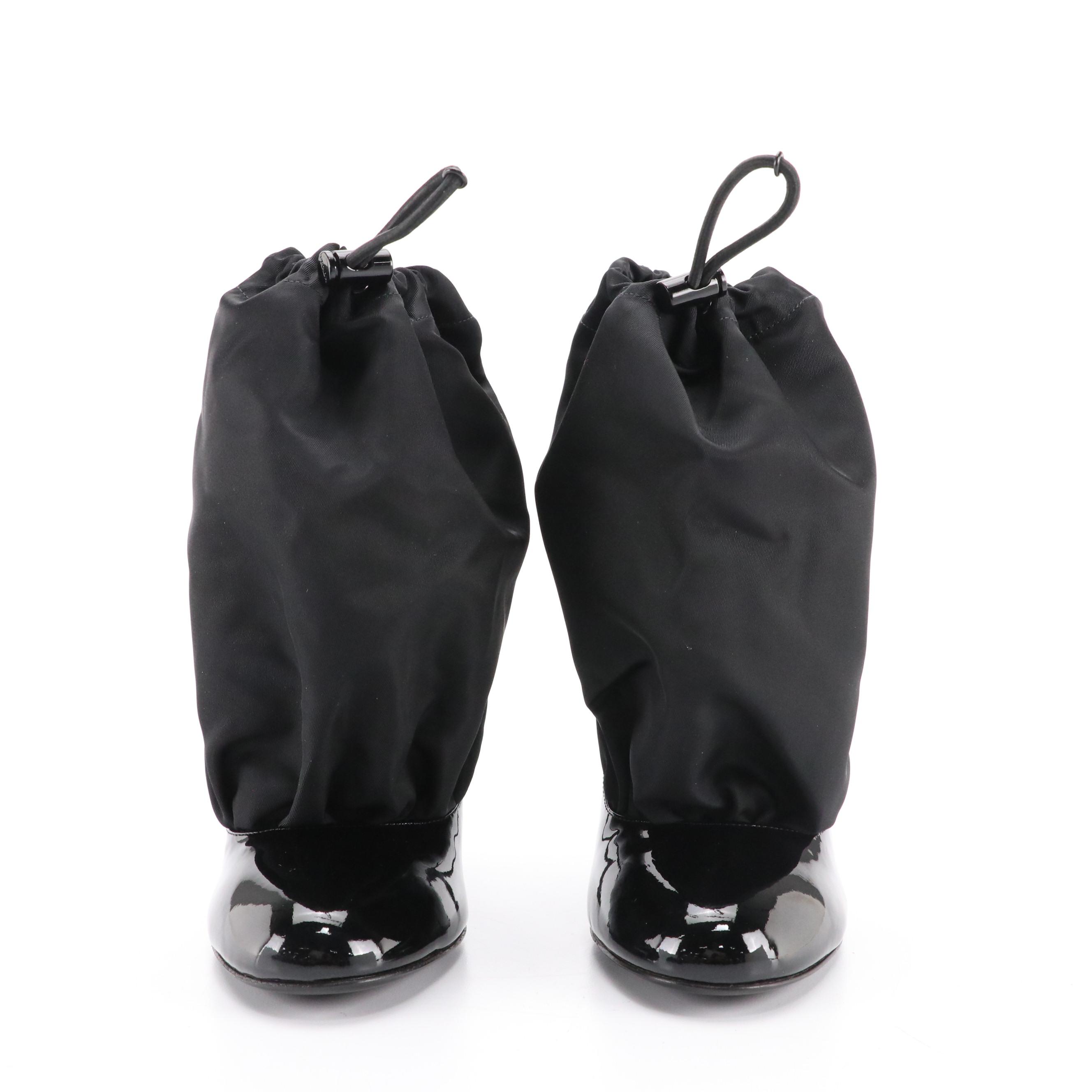 Prada Drawstring Heeled Ankle Booties in Black Patent Leather and Nylon