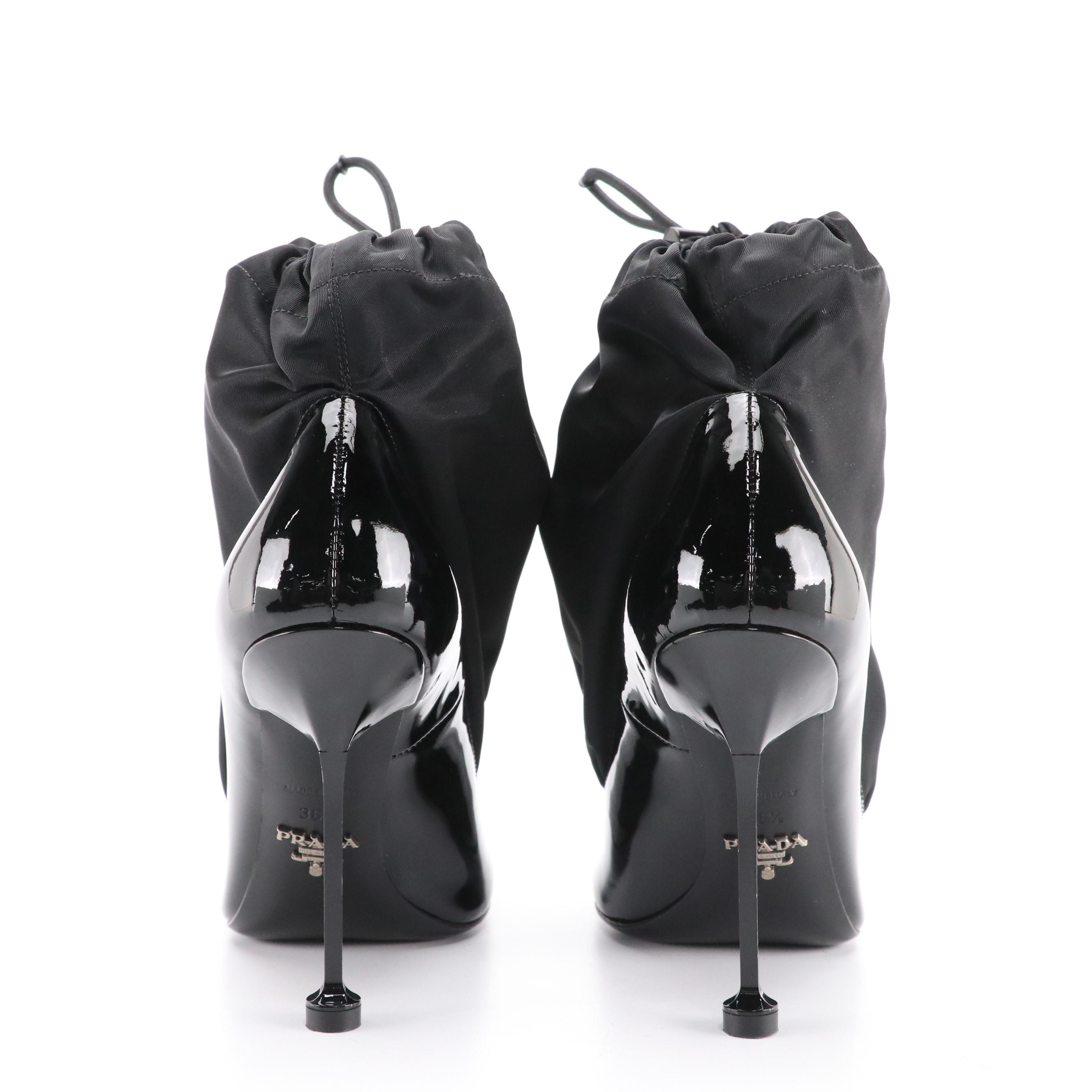 Prada Drawstring Heeled Ankle Booties in Black Patent Leather and Nylon