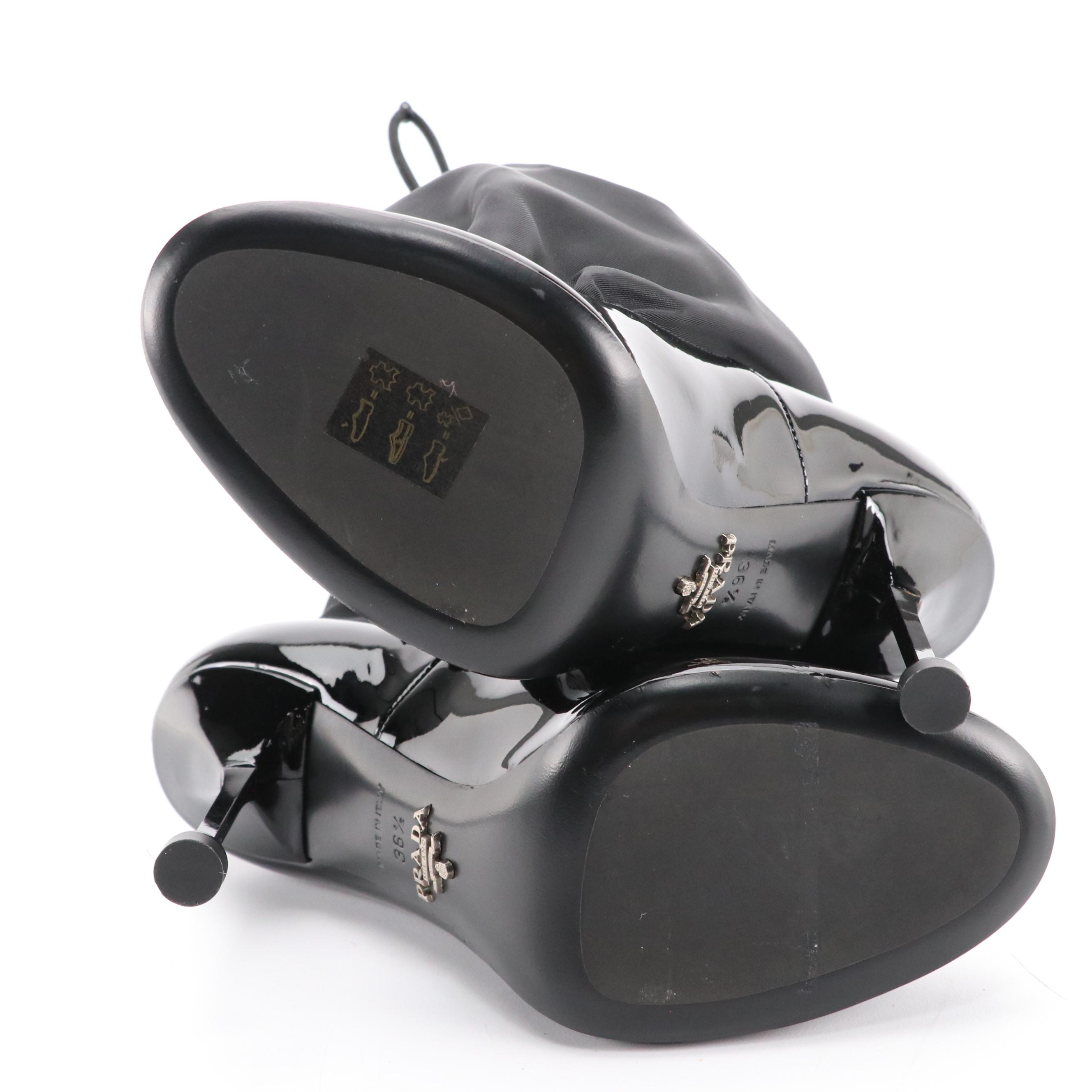 Prada Drawstring Heeled Ankle Booties in Black Patent Leather and Nylon