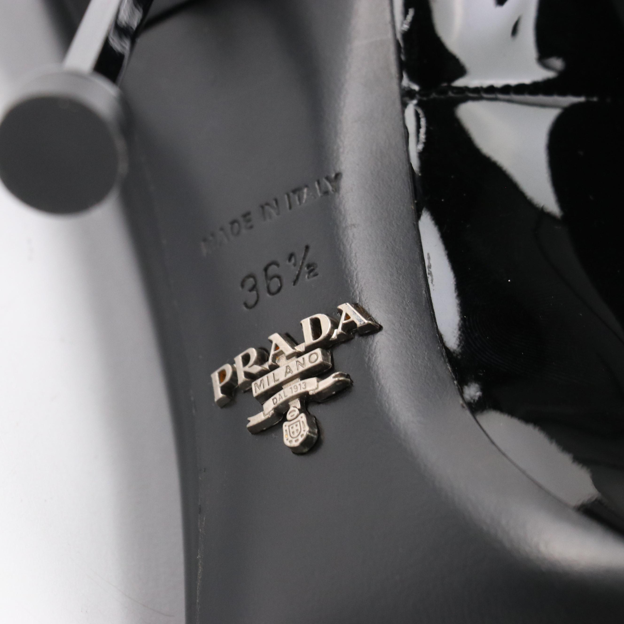 Prada Drawstring Heeled Ankle Booties in Black Patent Leather and Nylon
