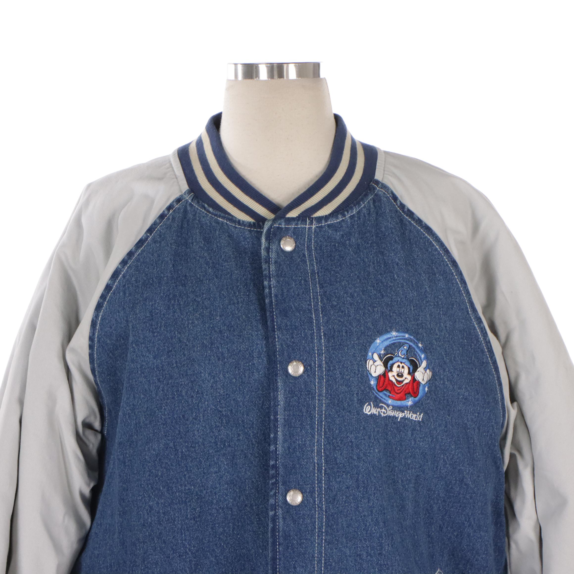 Walt Disney World Embroidered Mickey Mouse Varsity Jacket in Denim