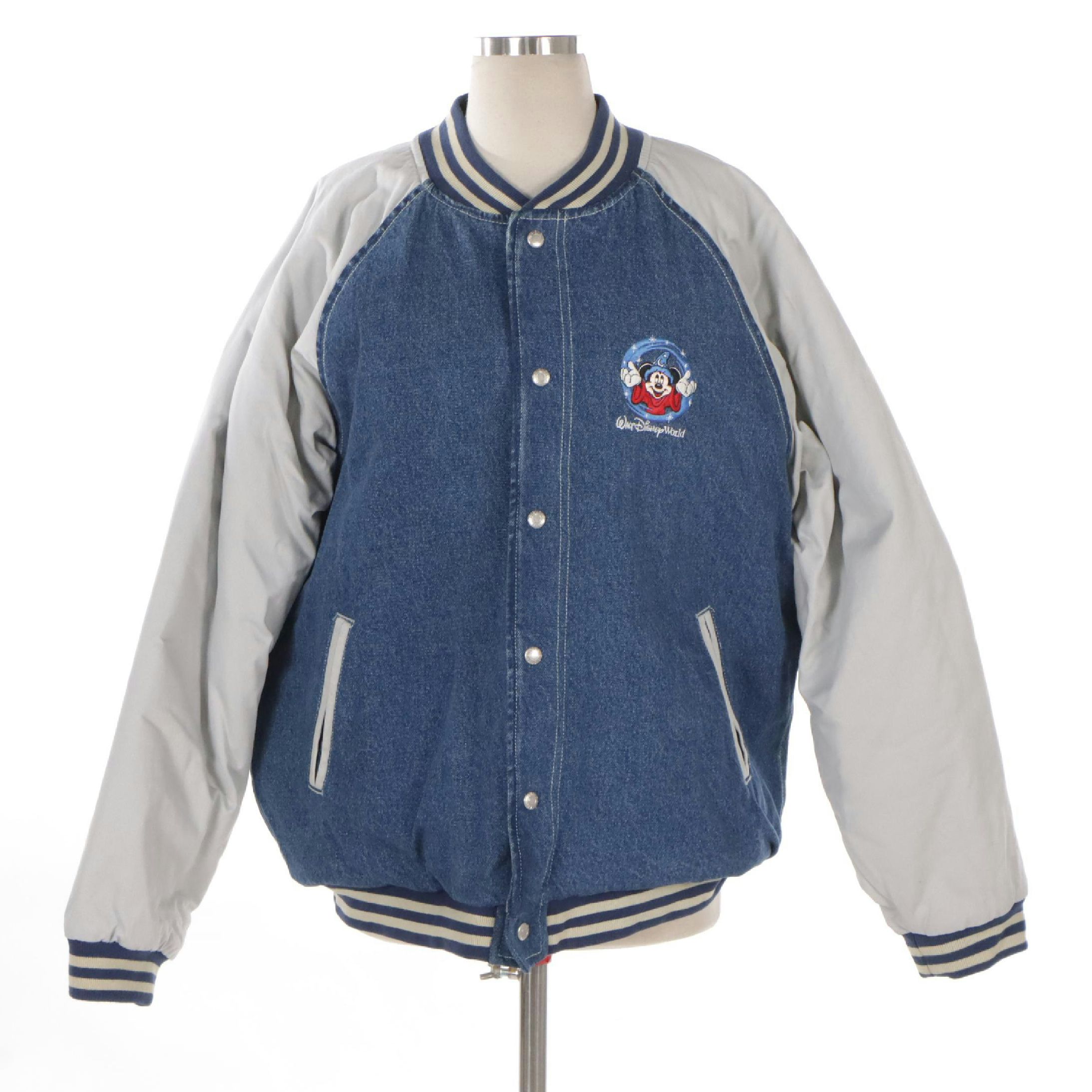 Walt Disney World Embroidered Mickey Mouse Varsity Jacket in Denim
