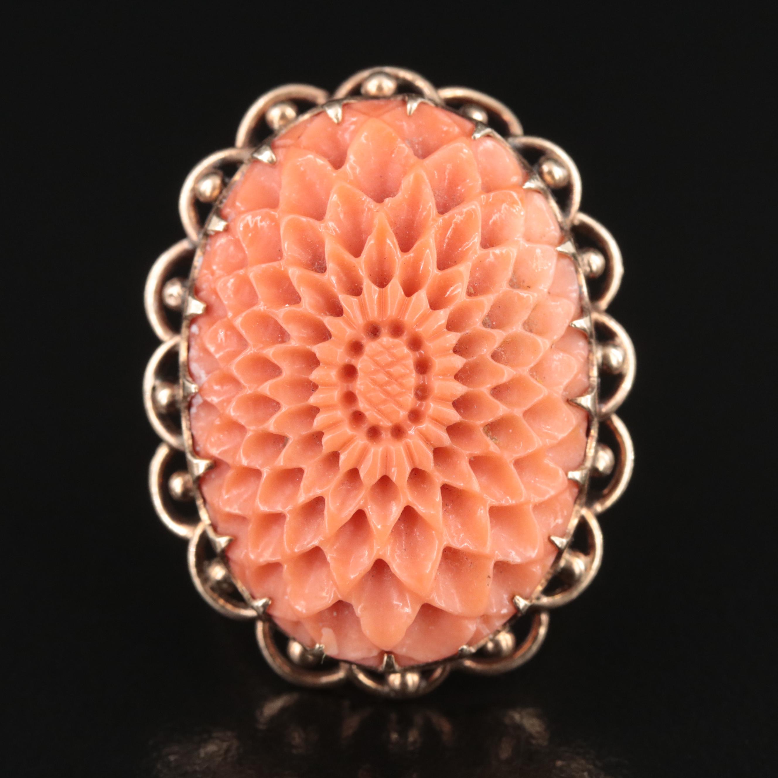 Vintage 14K Carved Coral Flower Ring