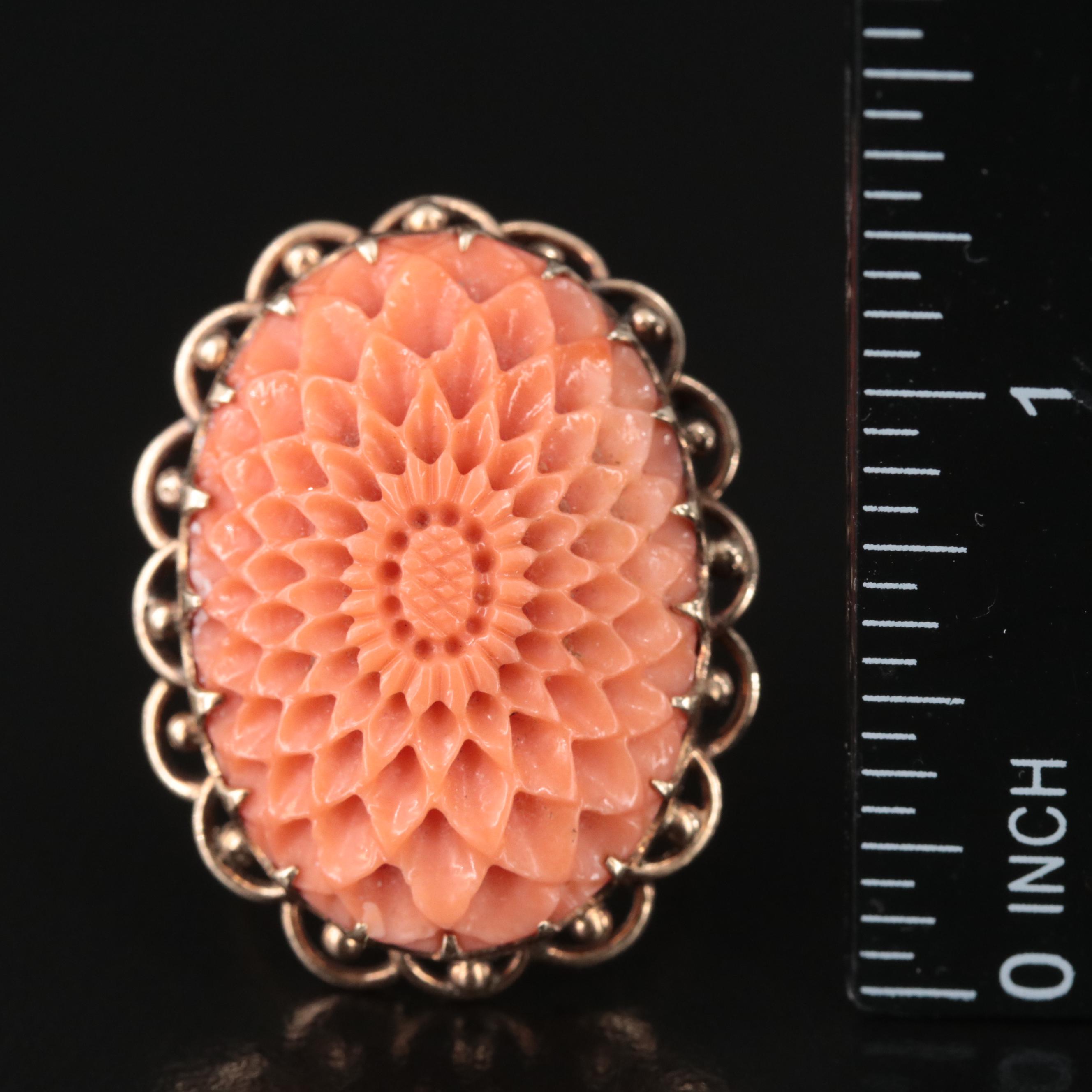 Vintage 14K Carved Coral Flower Ring