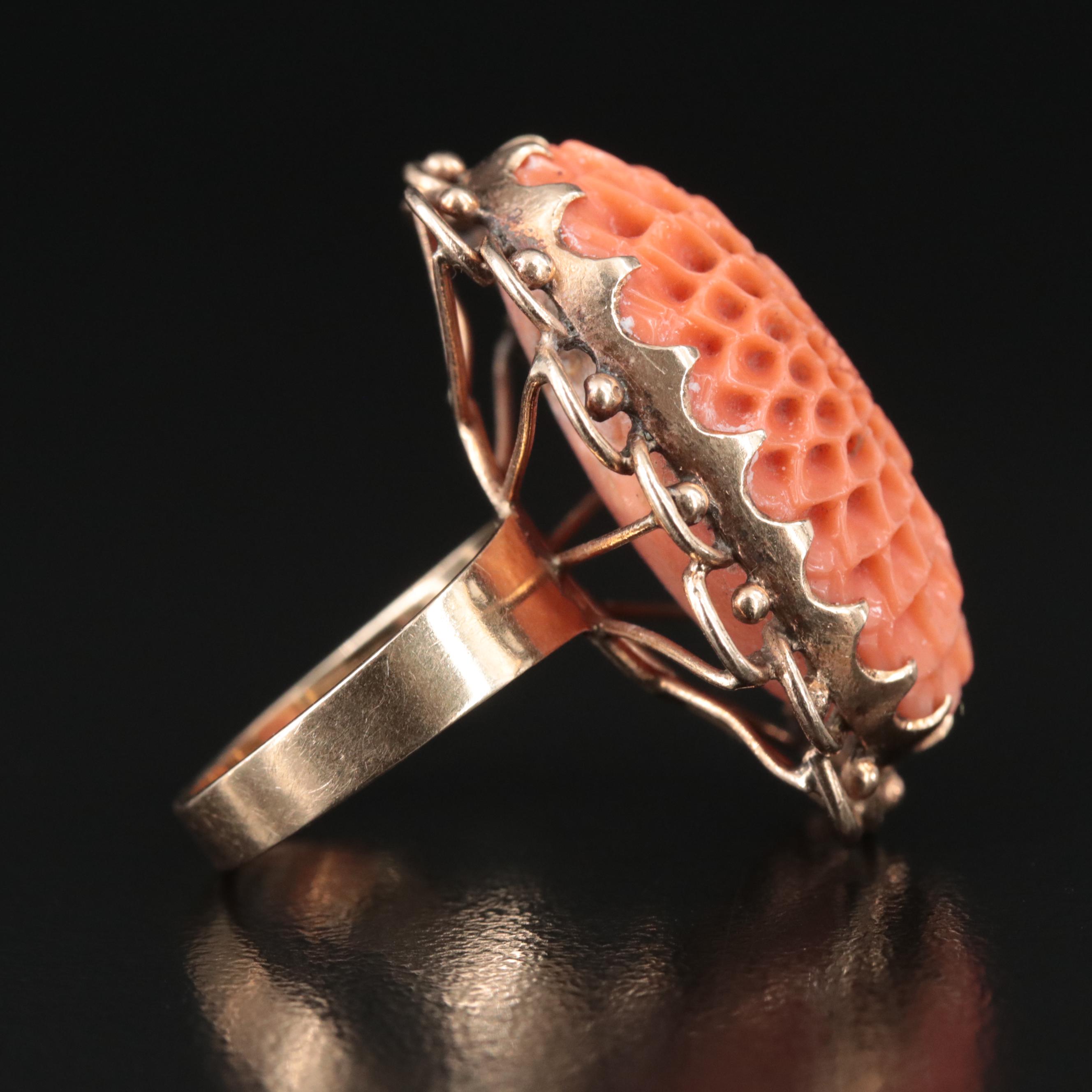 Vintage 14K Carved Coral Flower Ring