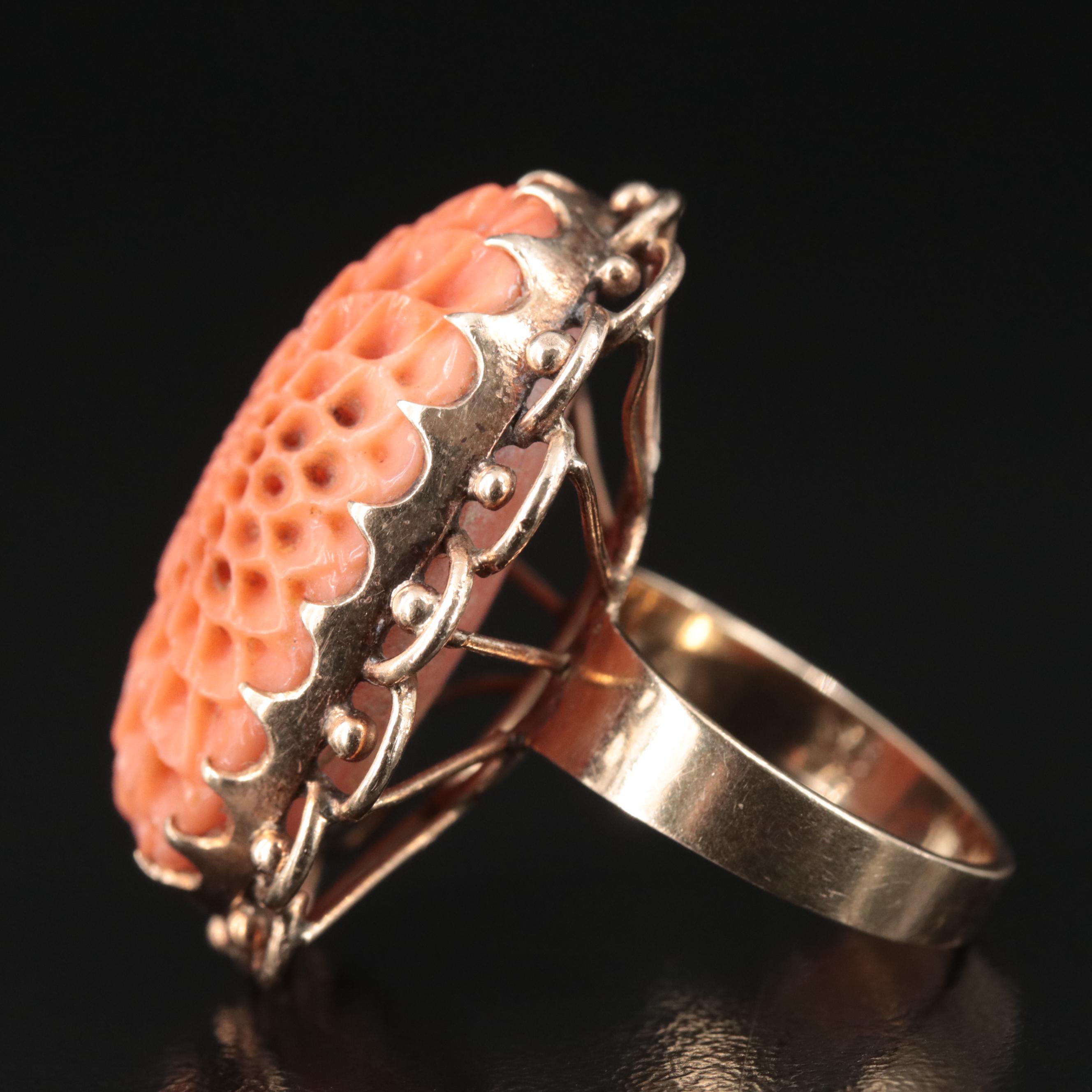 Vintage 14K Carved Coral Flower Ring