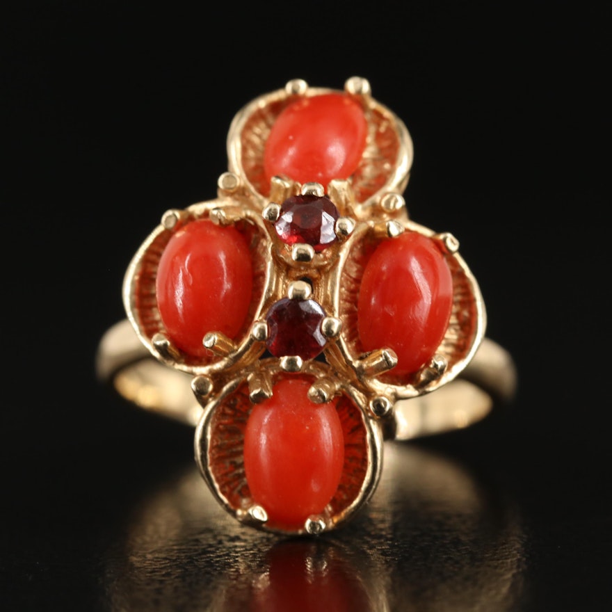14K Coral and Garnet Ring