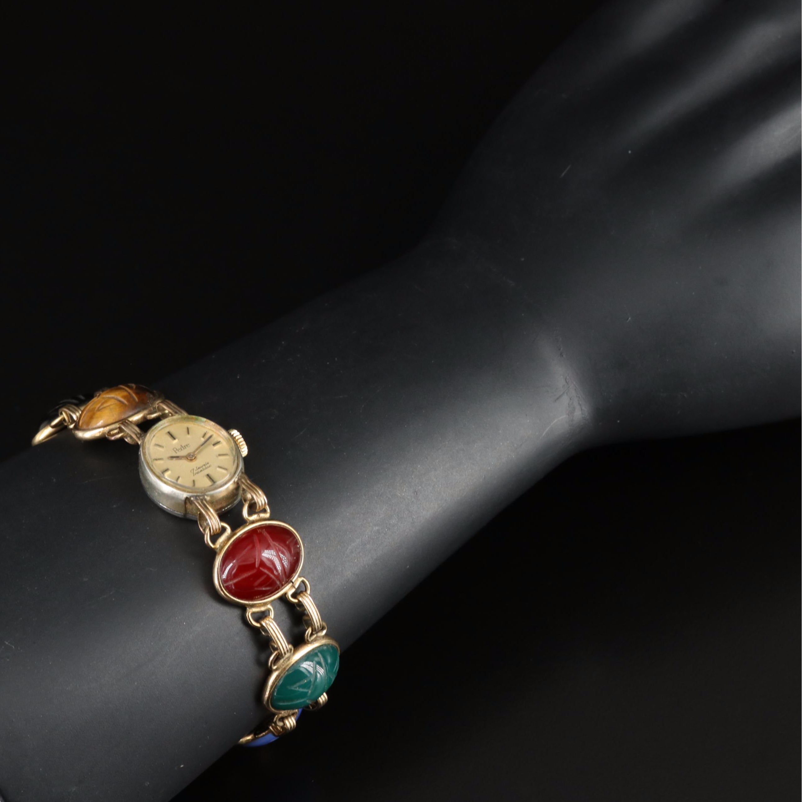 Pedre Carved Color Scarabs Stem Wind Watch