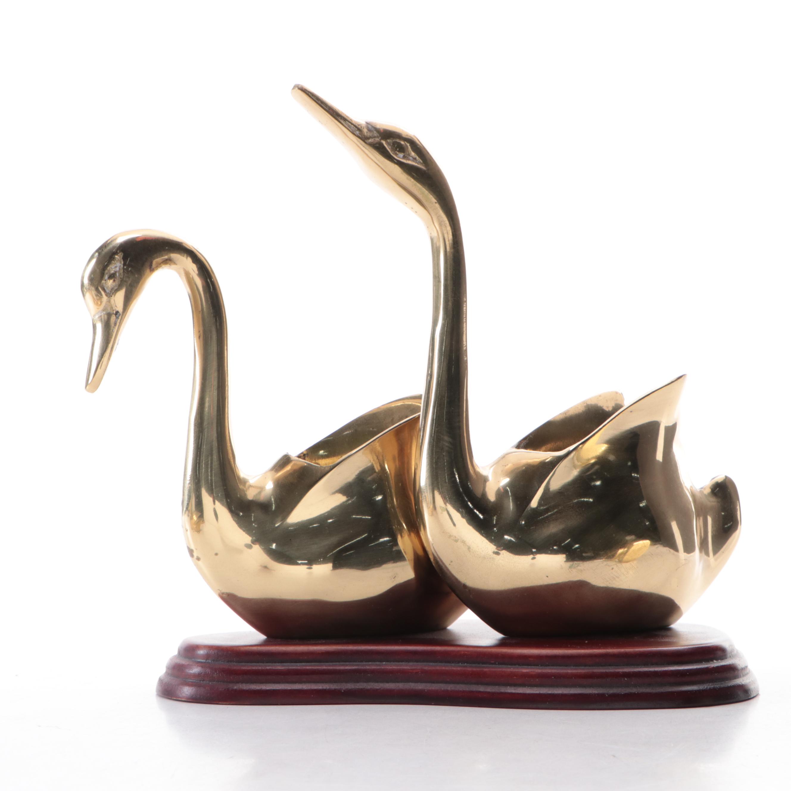 Brass Battery-Powered Desk Clock with Brass Duck Planters and Figurine