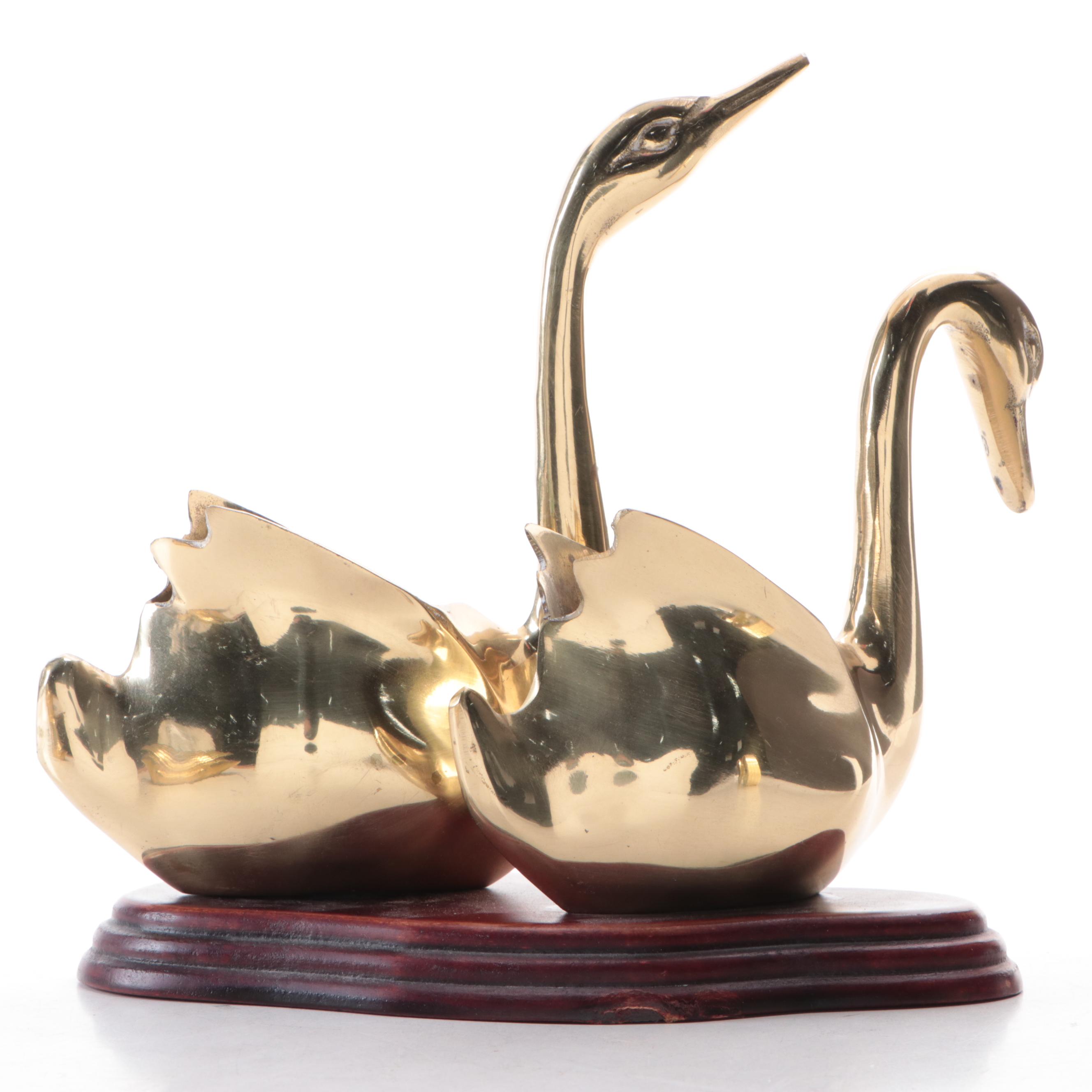 Brass Battery-Powered Desk Clock with Brass Duck Planters and Figurine