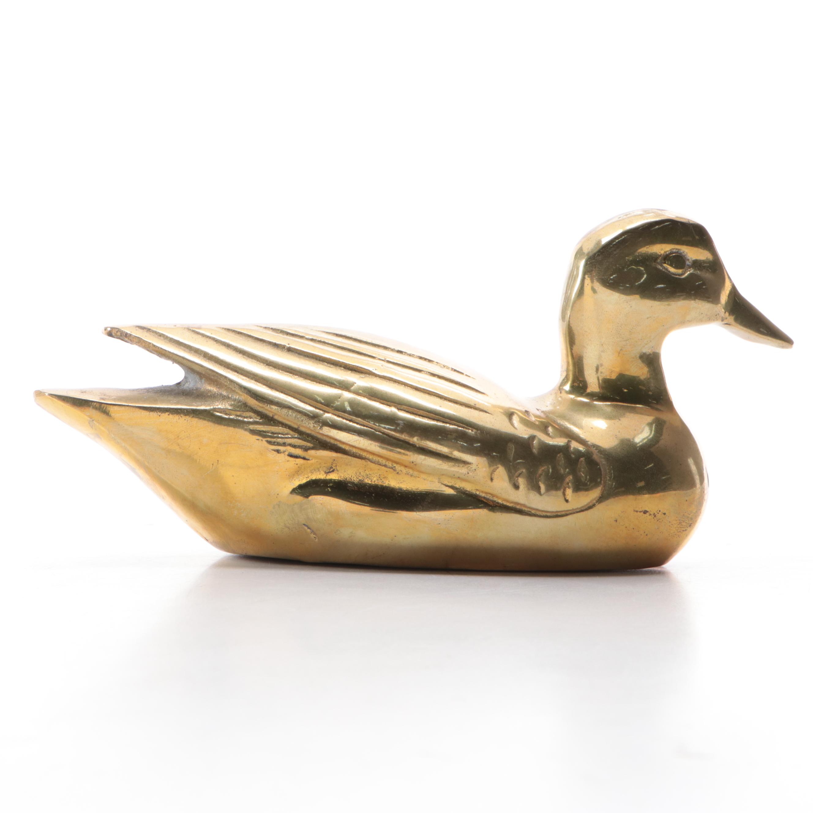 Brass Battery-Powered Desk Clock with Brass Duck Planters and Figurine