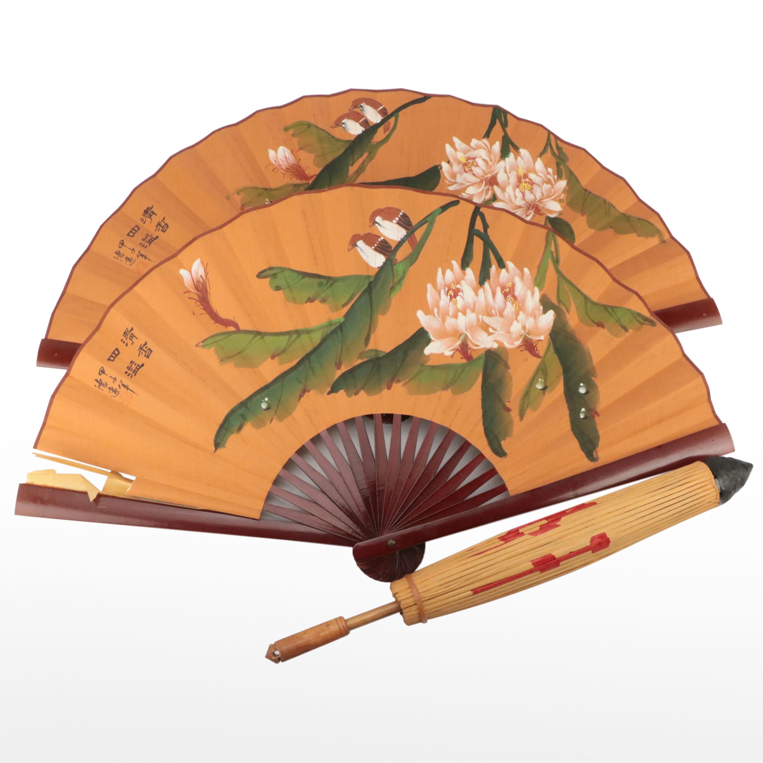 Hand-Painted Paper and Lacquered Bamboo Fans with Asian Rice Paper Parasol