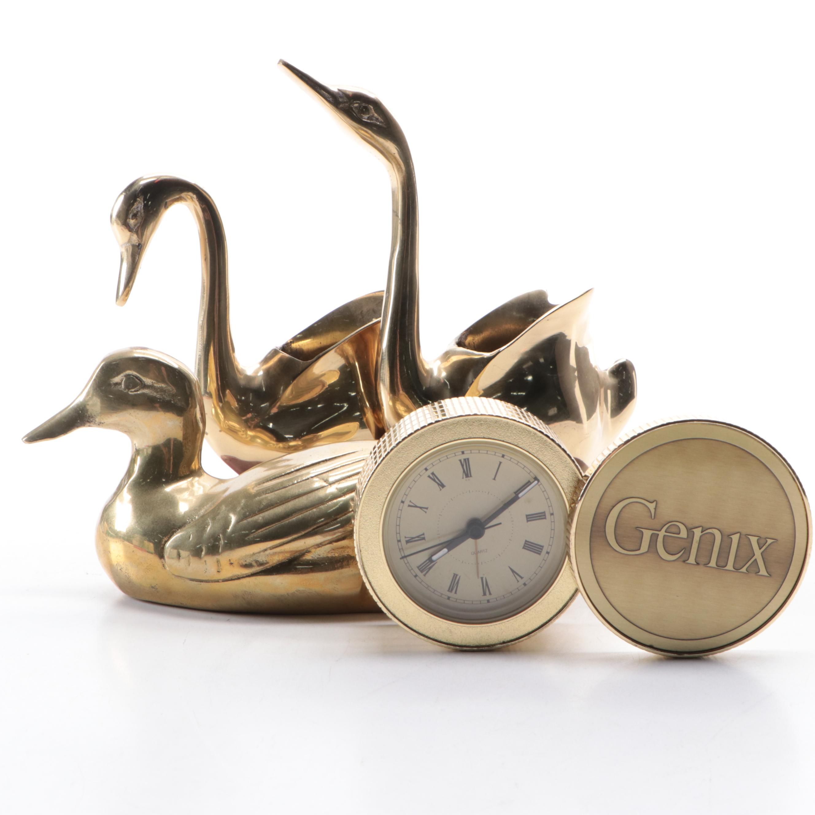 Brass Battery-Powered Desk Clock with Brass Duck Planters and Figurine