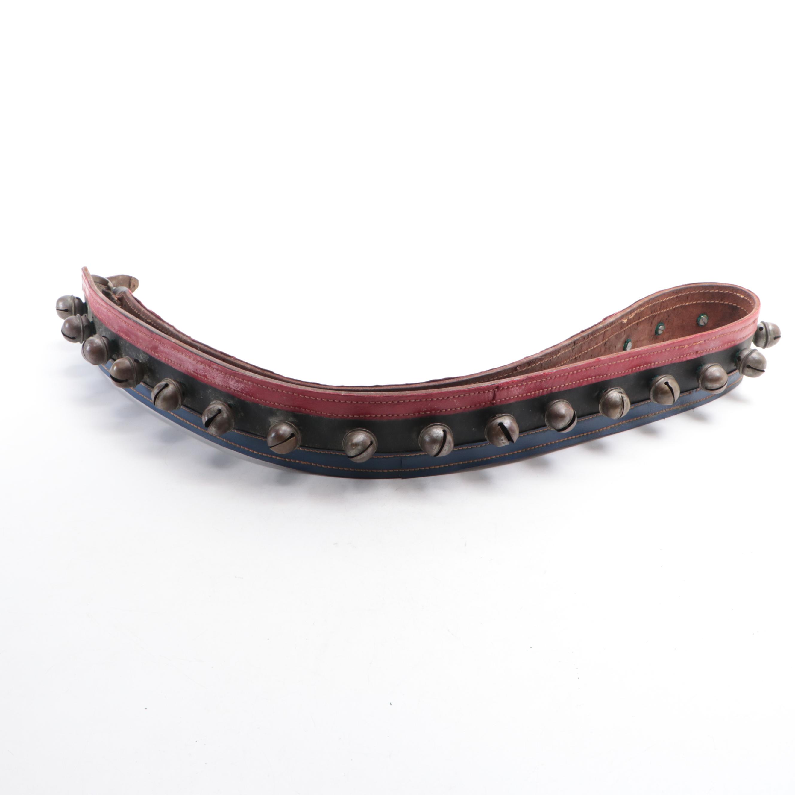 Horse Harness Sleigh Bells with Red, Blue and Black Leather Strap