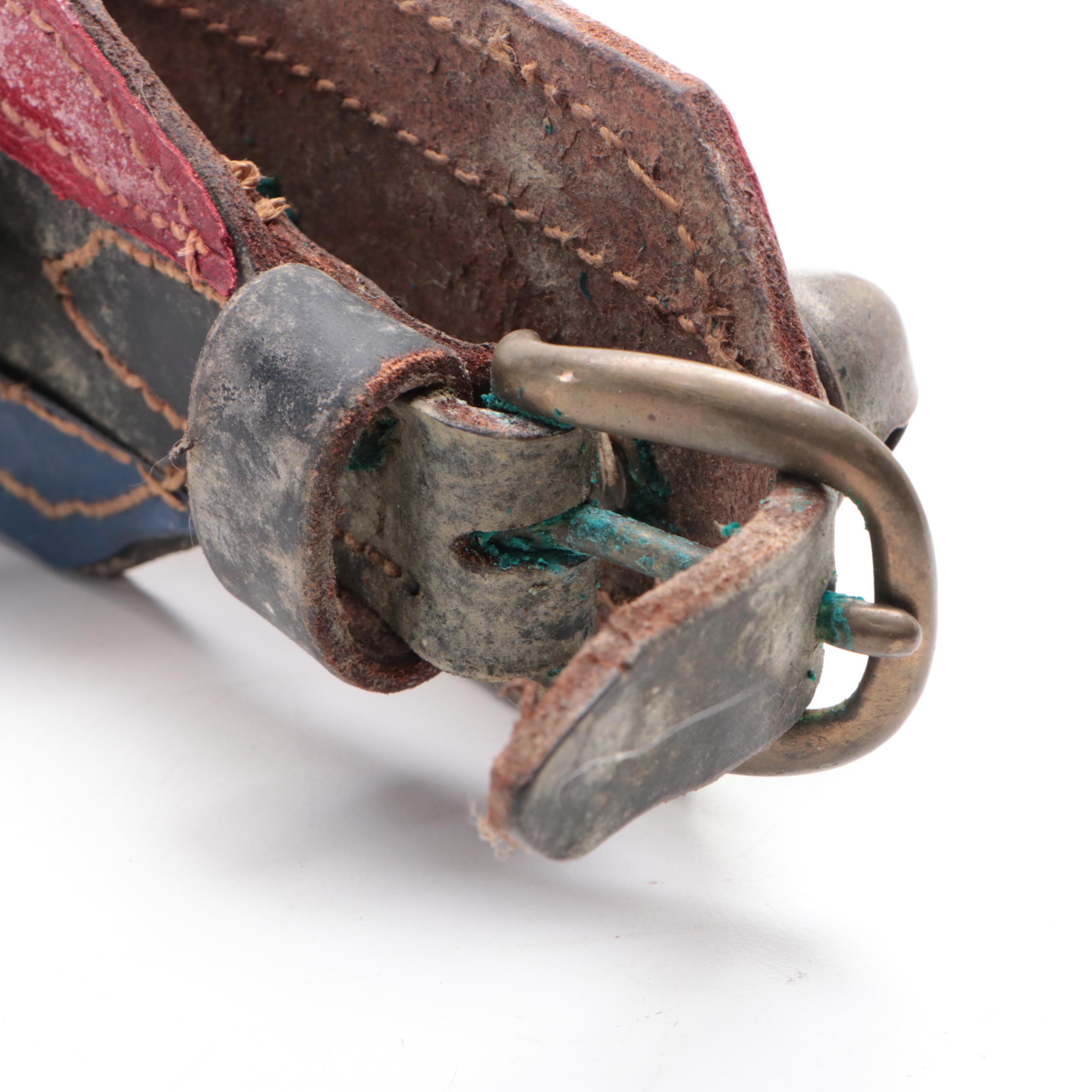 Horse Harness Sleigh Bells with Red, Blue and Black Leather Strap